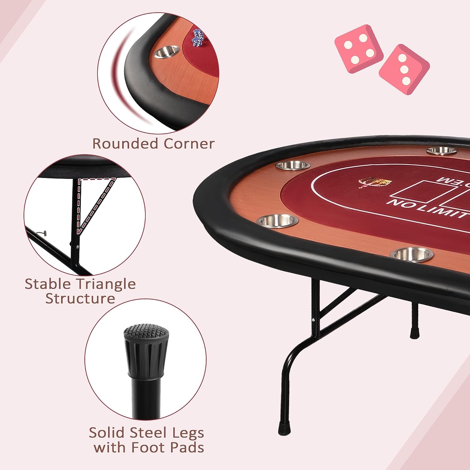 90.5" Large Folding Poker Table 10 Player Casino Texas Holdem Table for Card Game, Red