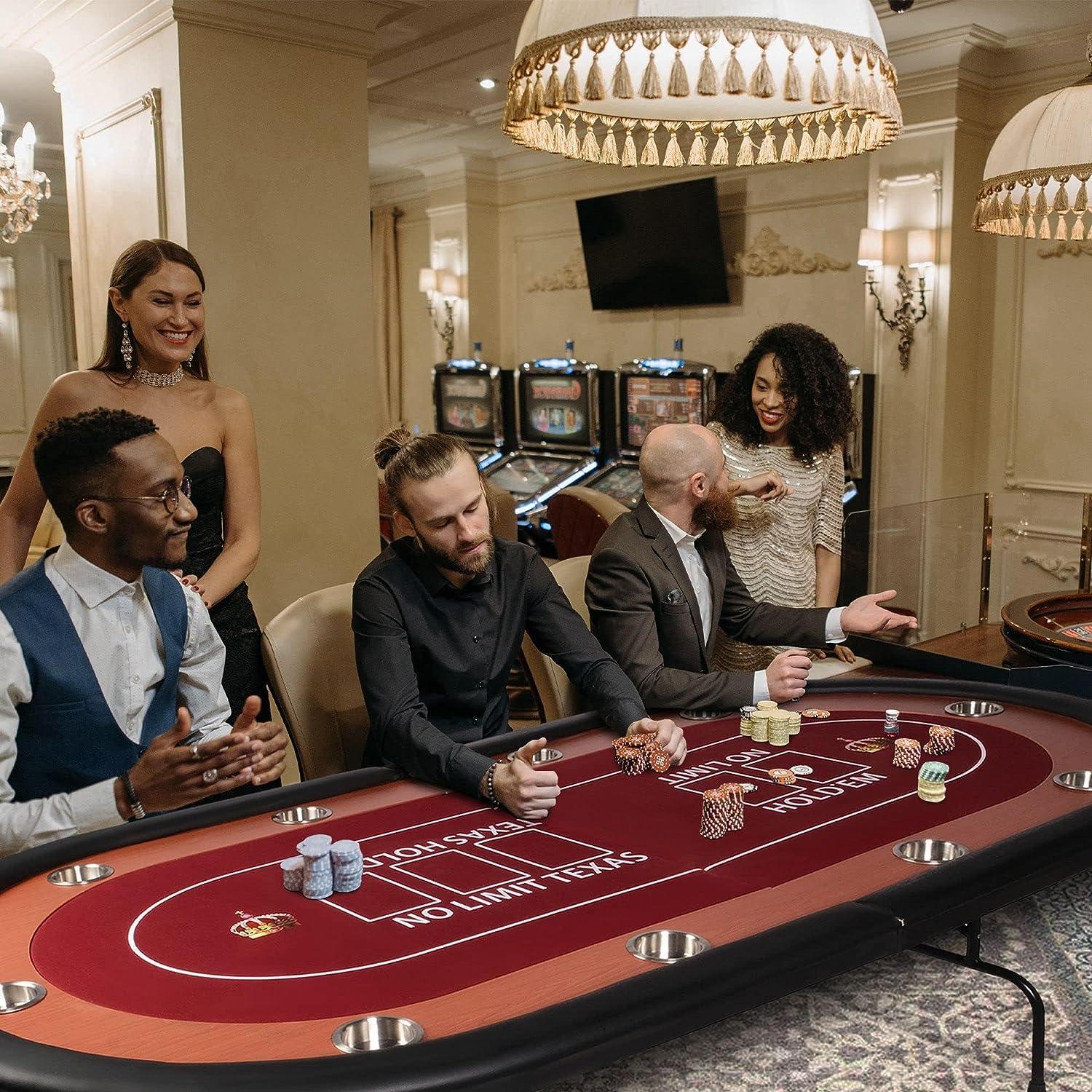 LUCKYERMORE 90.5" Large Folding Poker Table 10 Player Casino Texas Holdem Table for Card Game, Red