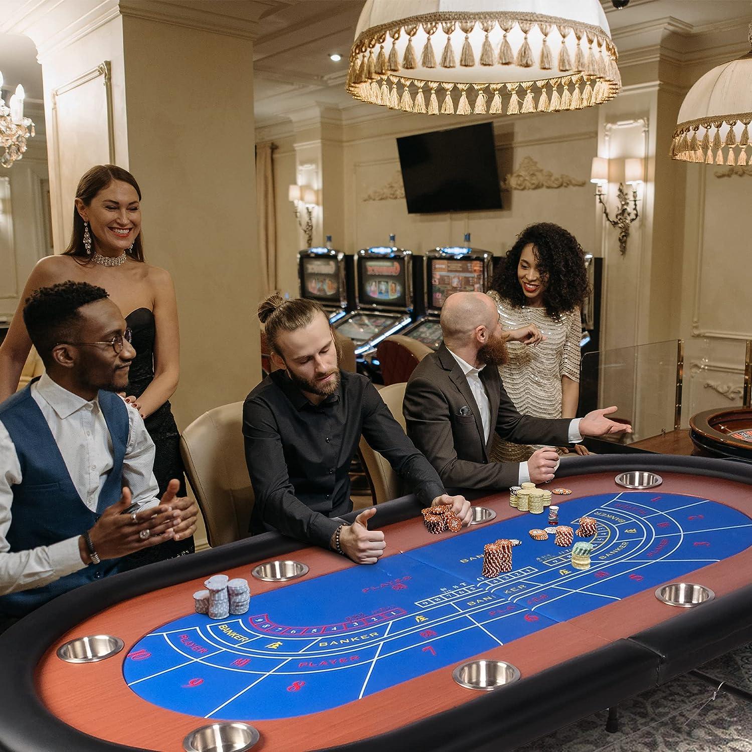 LUCKYERMORE 70.8" Folding Poker Table 6-8 Player Card Table with 8 Stainless Steel Cup Holder, Blue