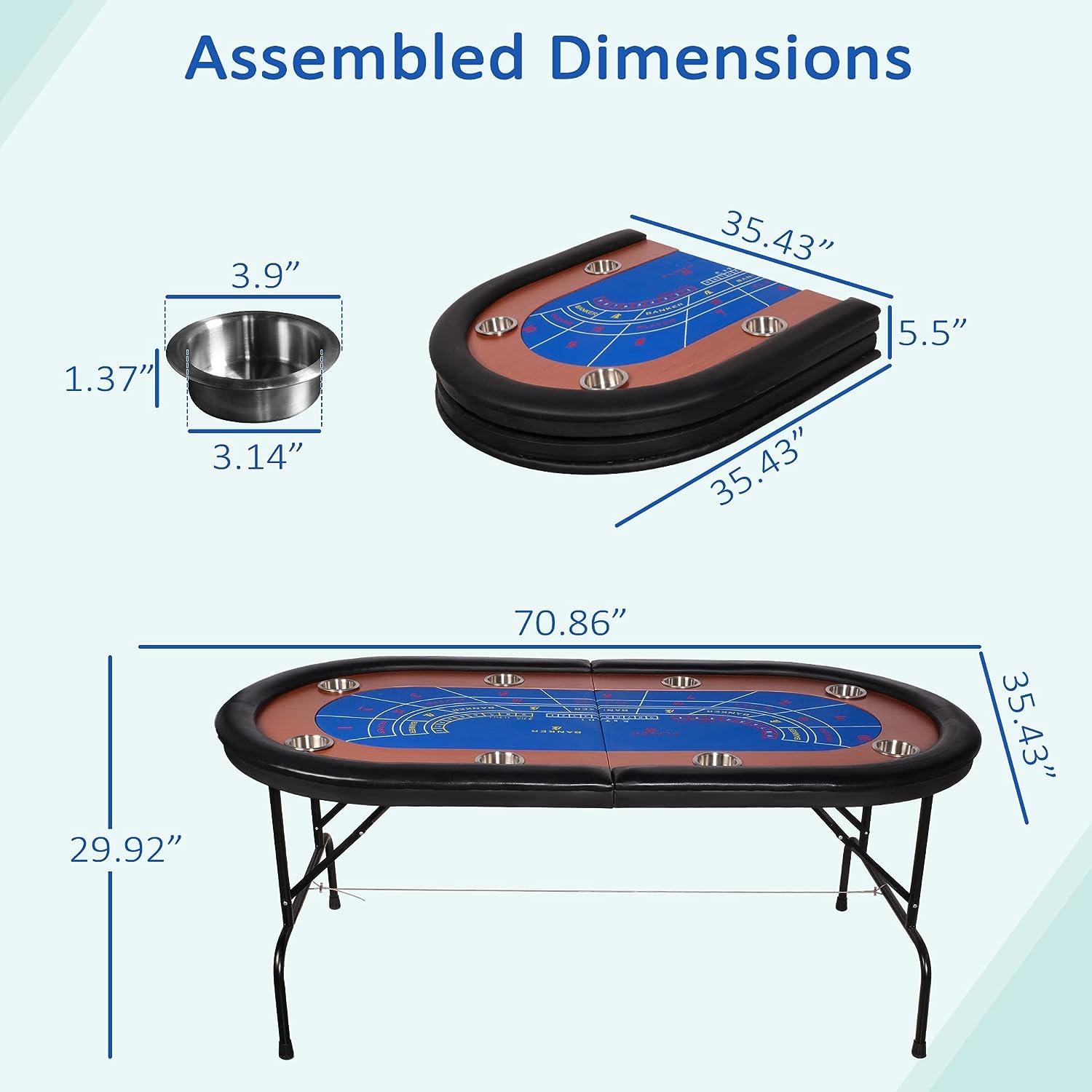 70.8" Folding Poker Table 6-8 Player Card Table with 8 Stainless Steel Cup Holder, Blue