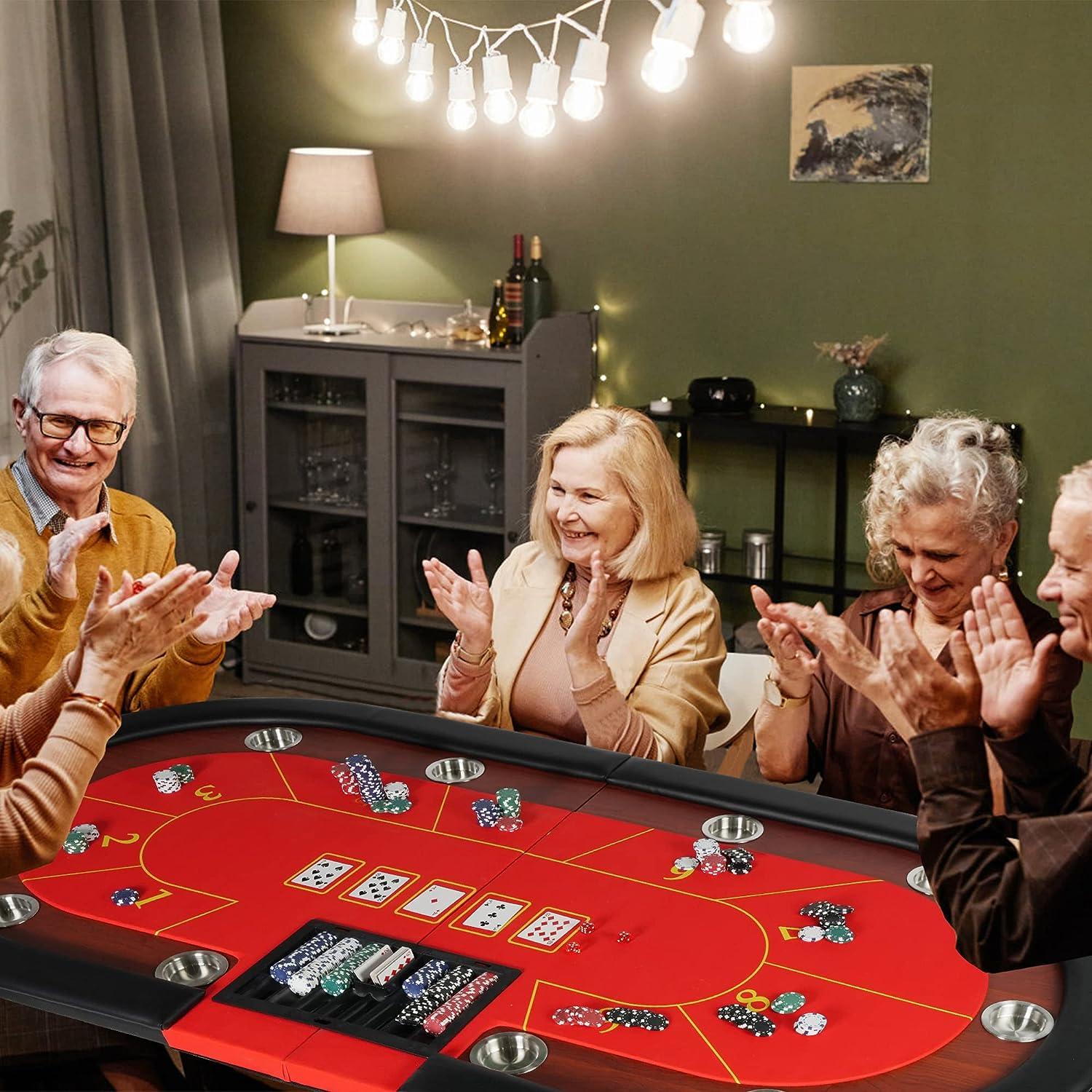 LUCKYERMORE 84" Folding Poker Table 10 Player Card Table with 10 Cup Holder for Texas Casino, Red