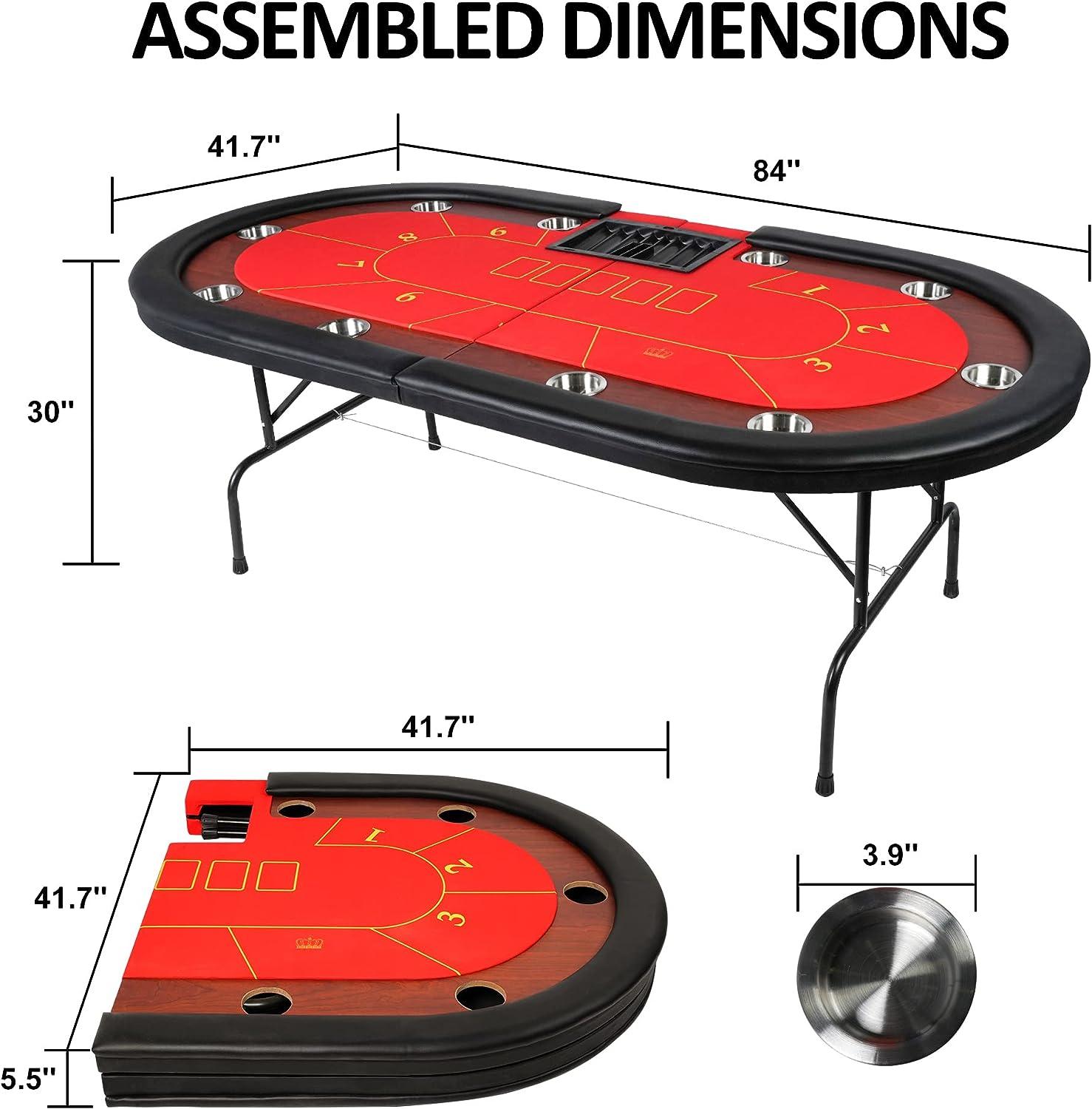 84" Folding Poker Table 10 Player Card Table with 10 Cup Holder for Texas Casino, Red