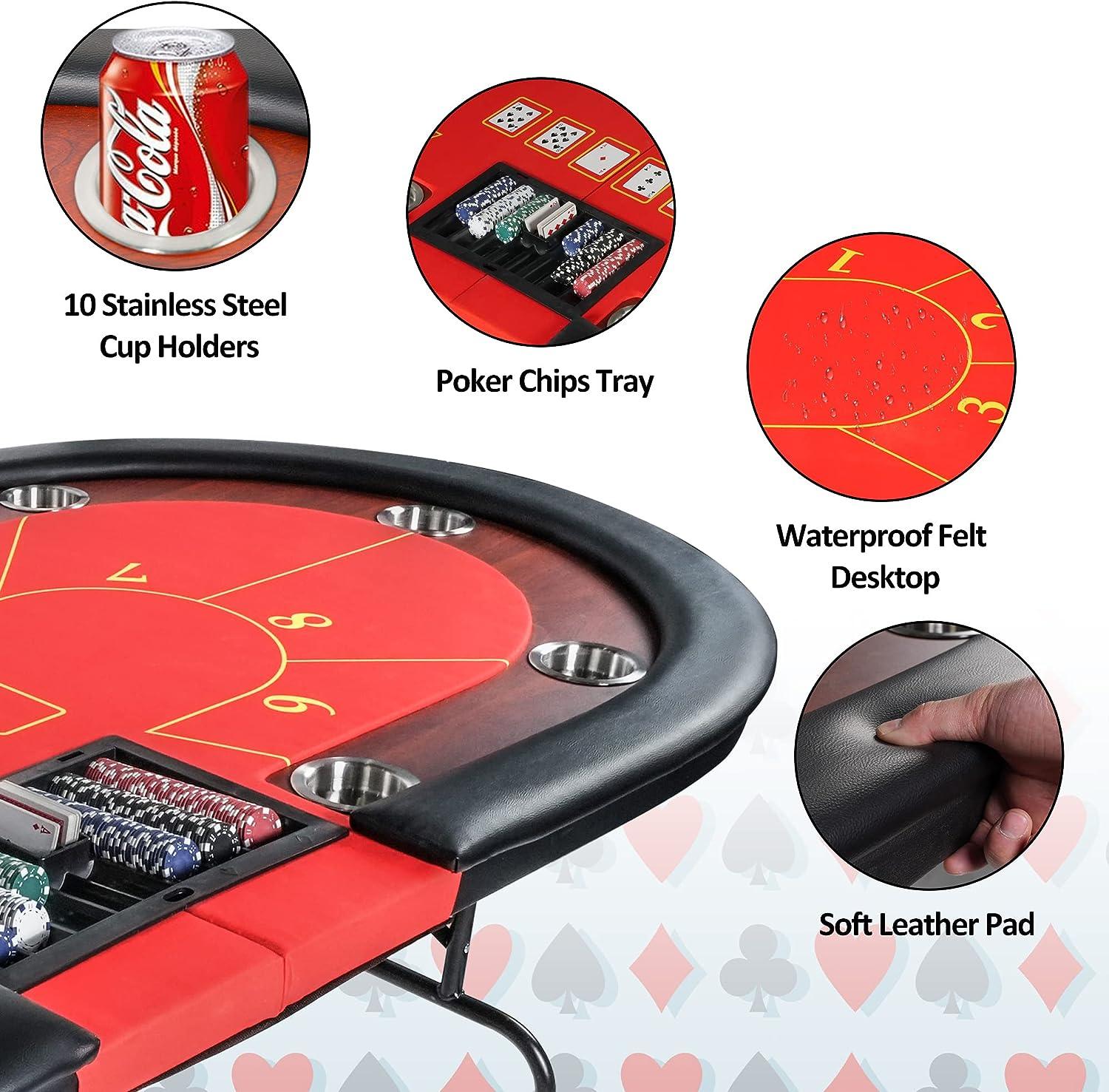 84" Folding Poker Table 10 Player Card Table with 10 Cup Holder for Texas Casino, Red