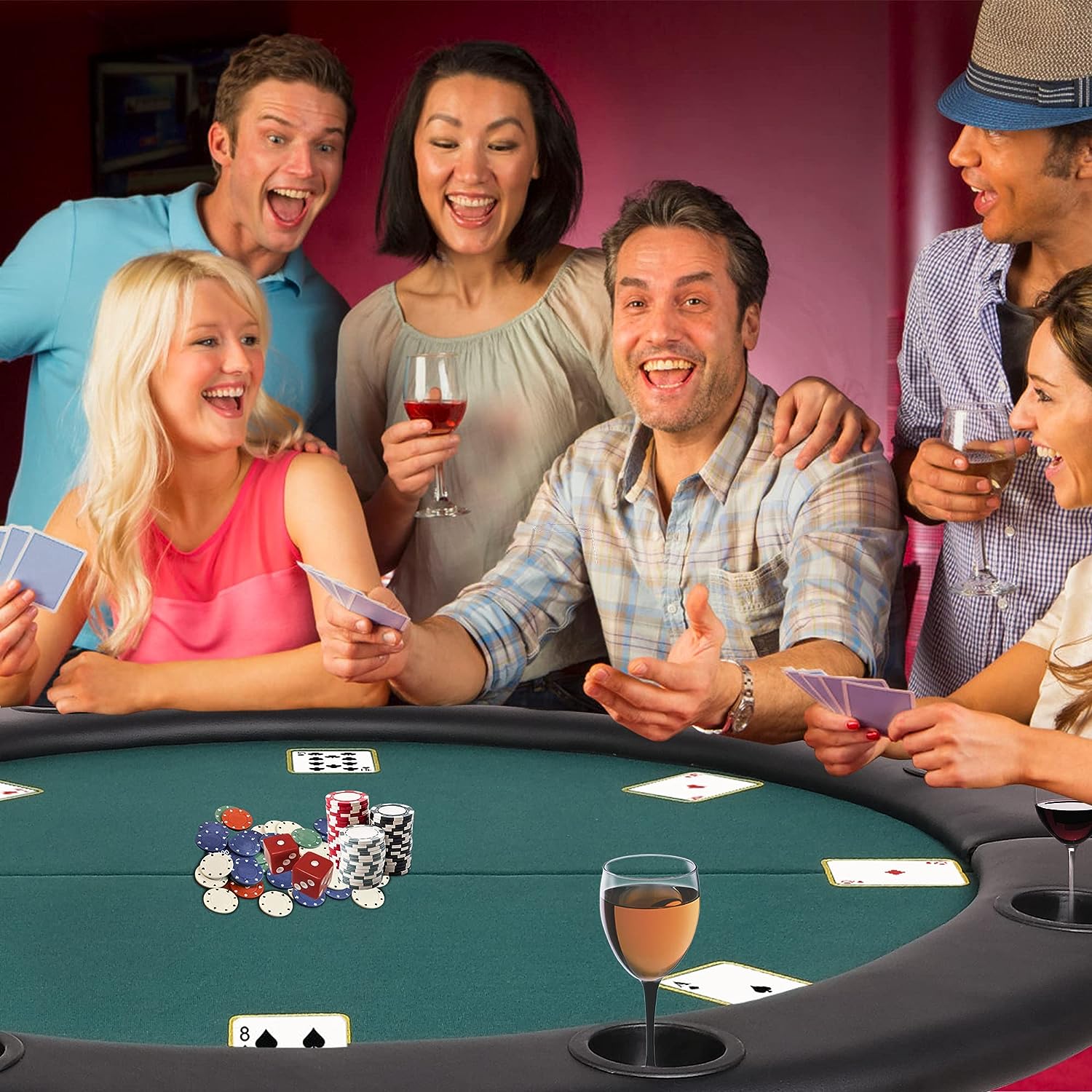 LUCKYERMORE 47" Round Folding Poker Table 8 Player Texas Blackjack Poker Mat, PVC Cup Holder