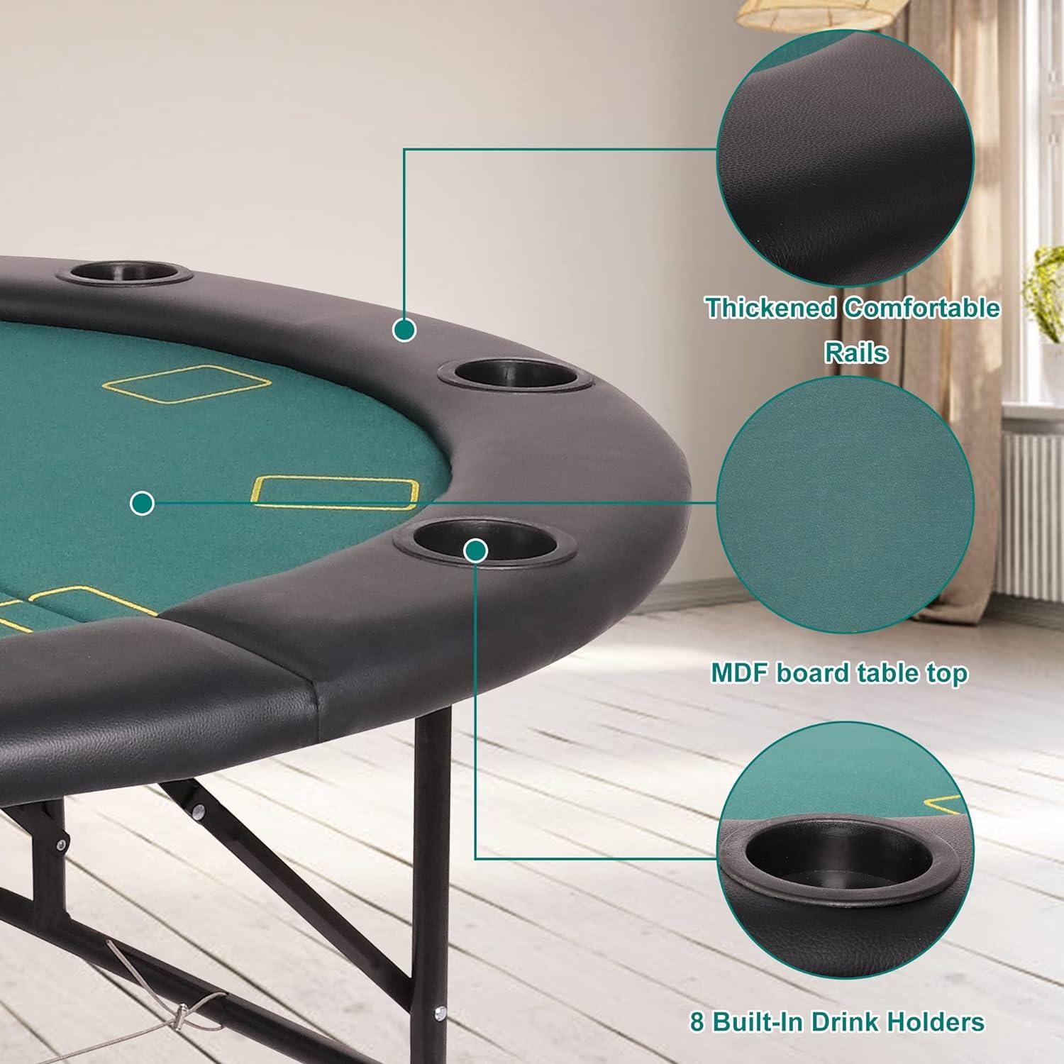 LUCKYERMORE 47" Round Folding Poker Table 8 Player Texas Blackjack Poker Mat, PVC Cup Holder