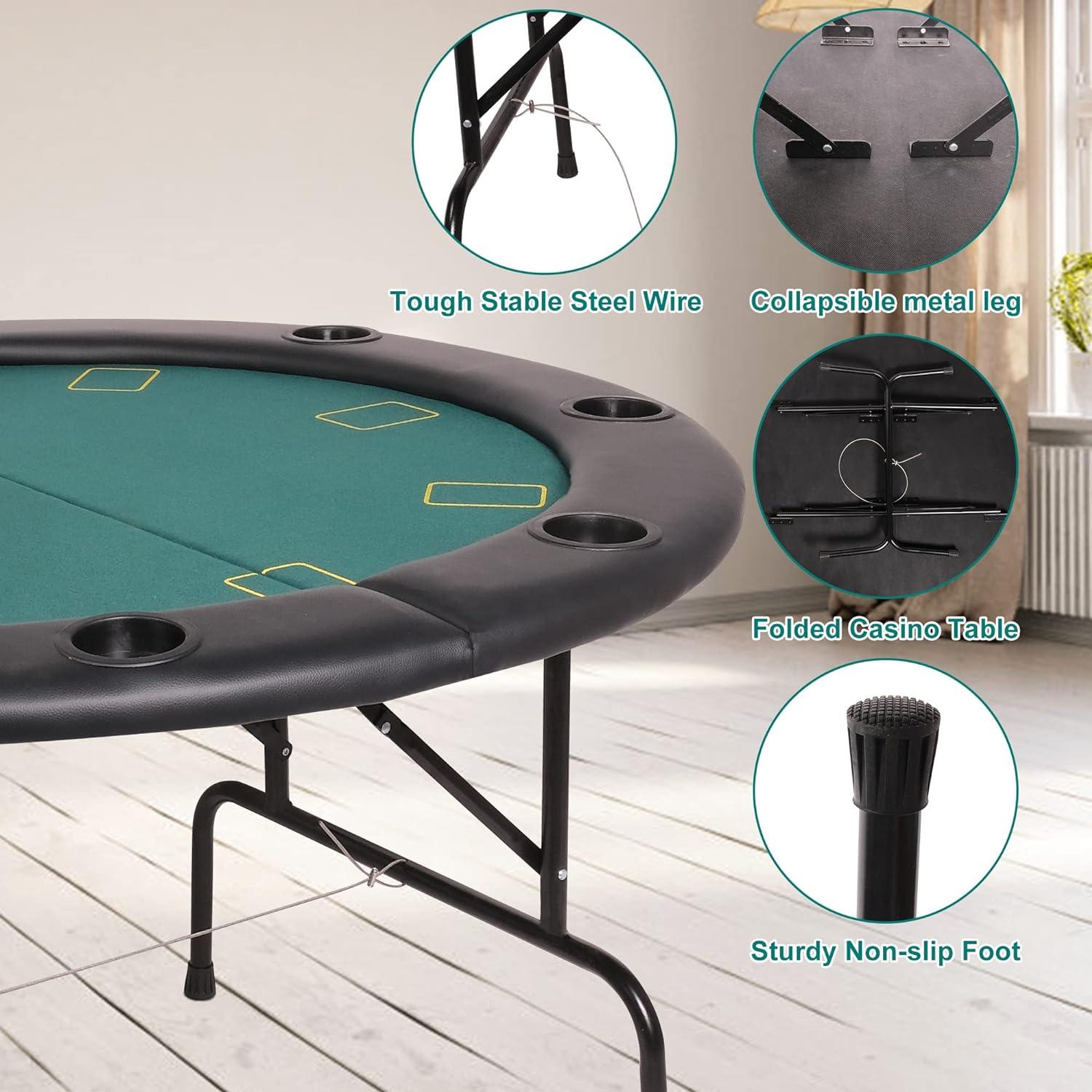 LUCKYERMORE 47" Round Folding Poker Table 8 Player Texas Blackjack Poker Mat, PVC Cup Holder