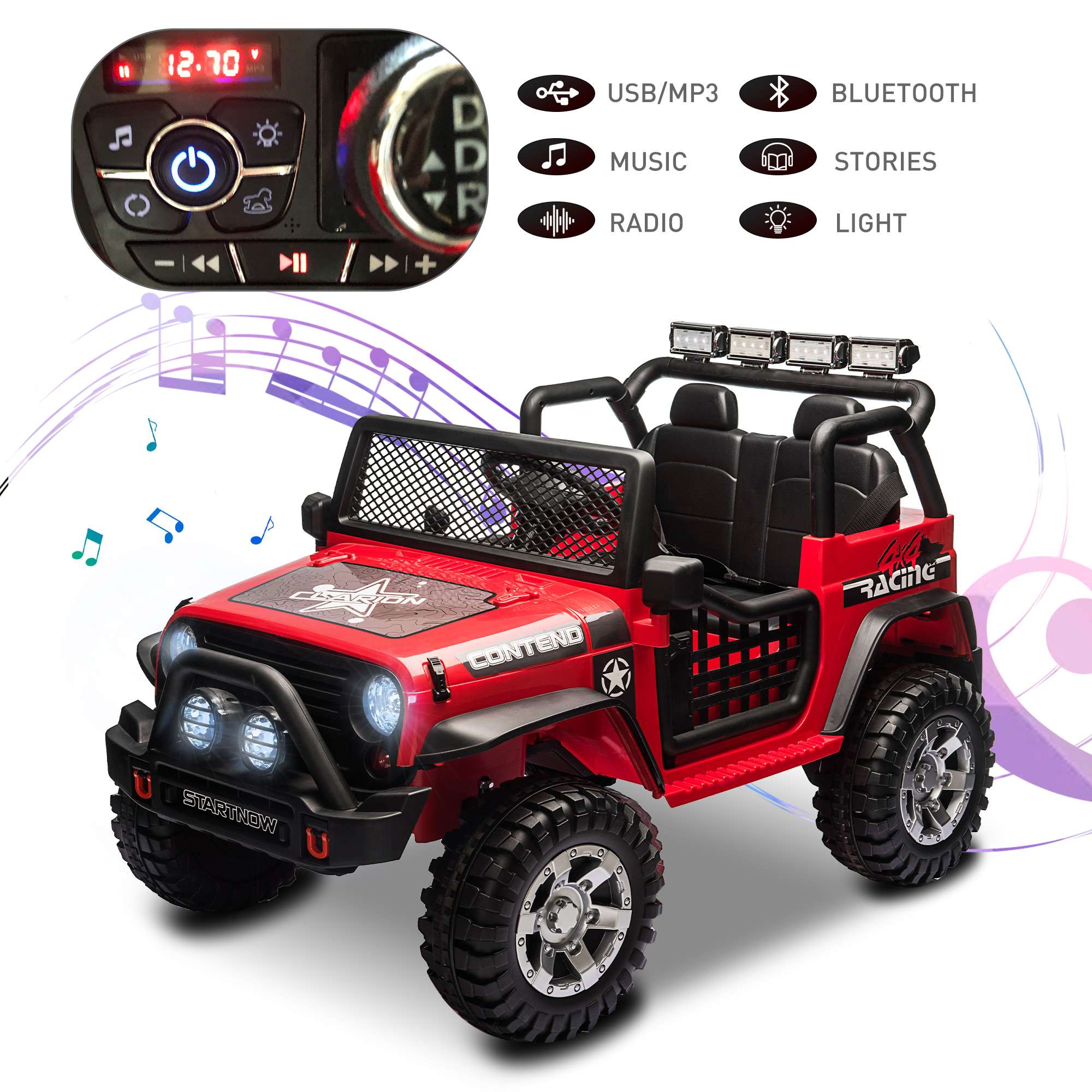 2 Seater Kids Ride On Truck Car 12V Jeeps Car w/Parent Remote Control, Spring Suspension, LED Lights, Music Player - Luckyermore