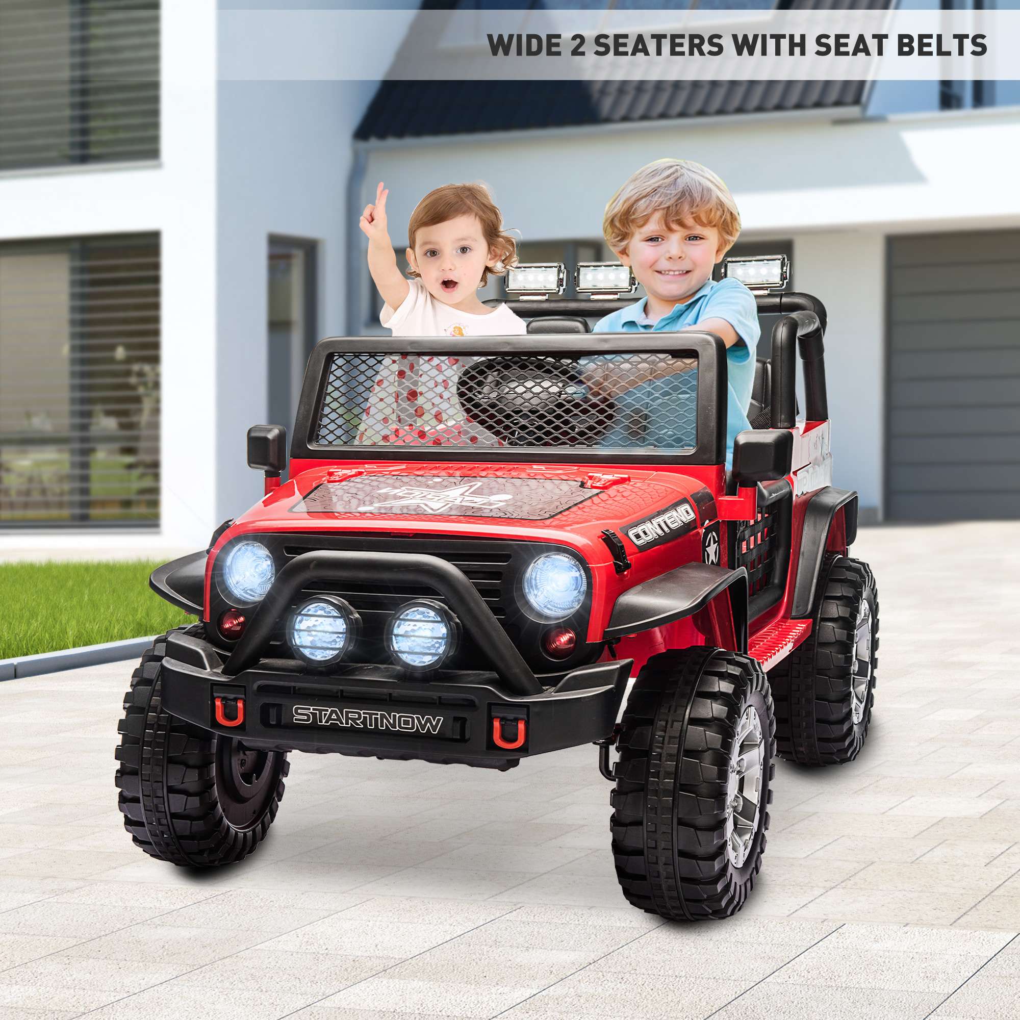 2 Seater Kids Ride On Truck Car 12V Jeeps Car w/Parent Remote Control, Spring Suspension, LED Lights, Music Player - Luckyermore
