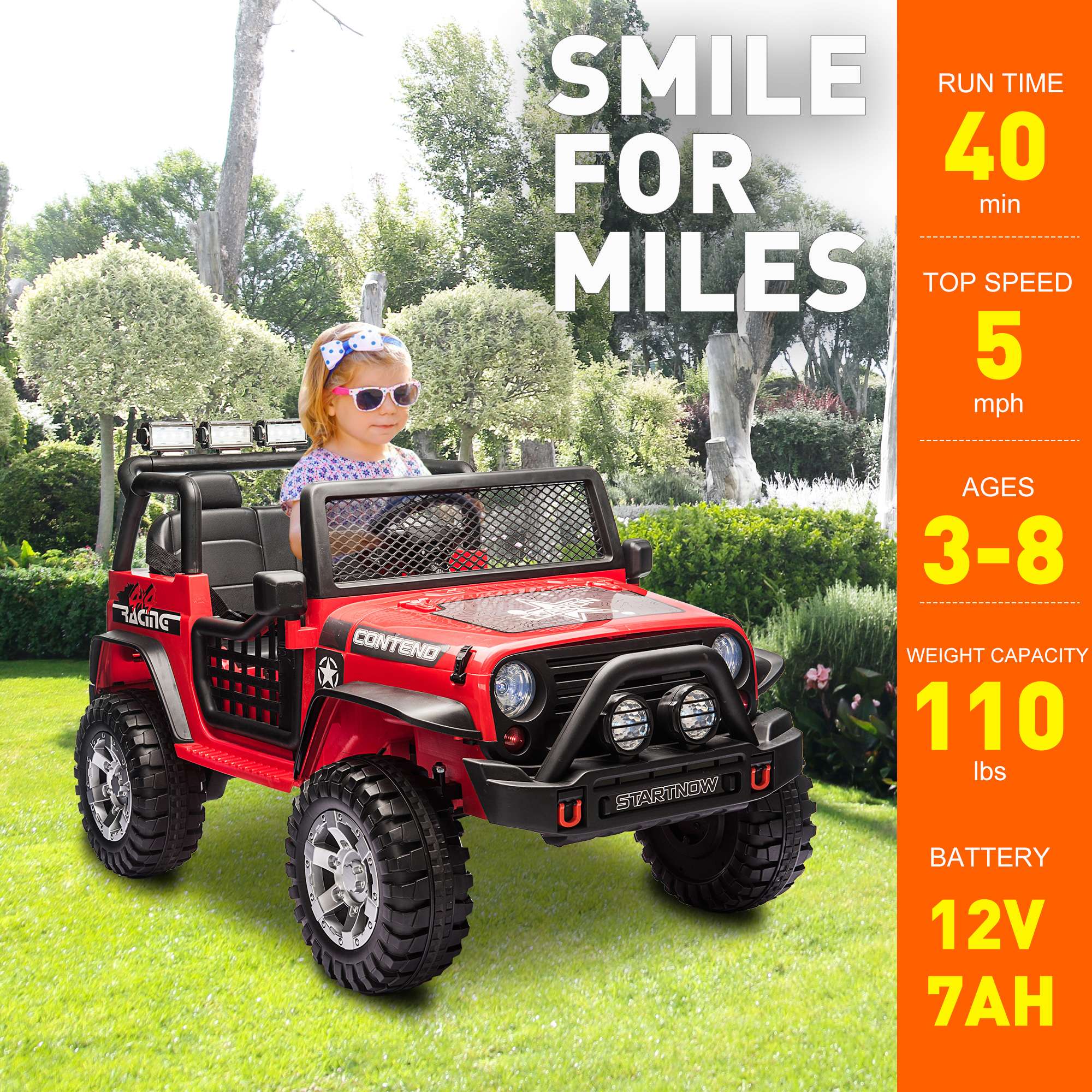 2 Seater Kids Ride On Truck Car 12V Jeeps Car w/Parent Remote Control, Spring Suspension, LED Lights, Music Player - Luckyermore