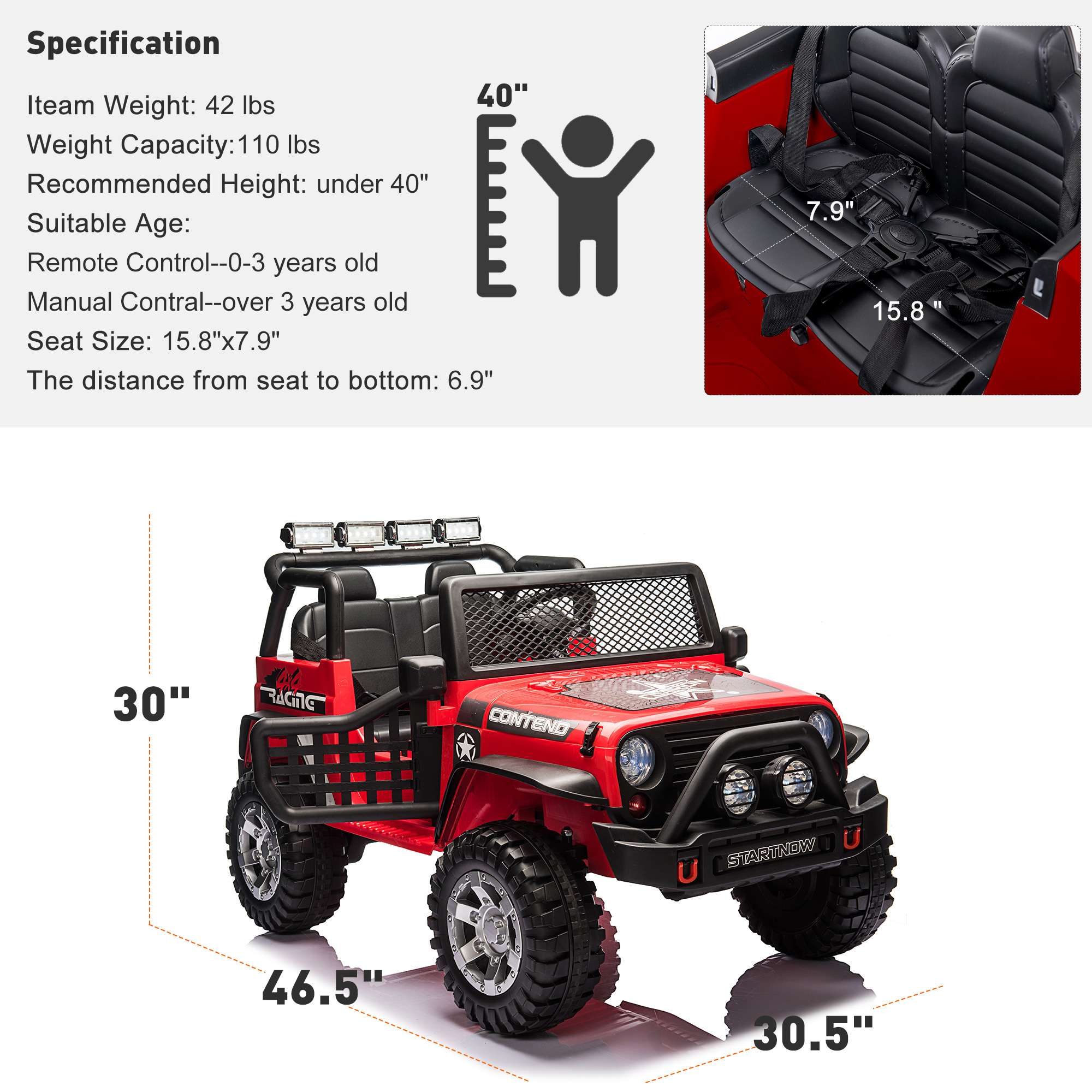 2 Seater Kids Ride On Truck Car 12V Jeeps Car w/Parent Remote Control, Spring Suspension, LED Lights, Music Player - Luckyermore