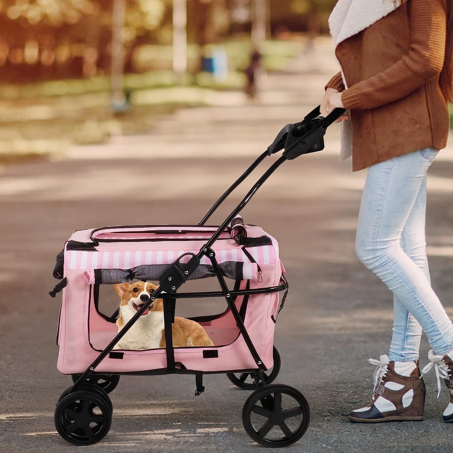 LUCKYERMORE 3-in-1 Folding Travel Carriers Dog Pet Stroller Pet Gear Stroller with Water Cup Holder, Pink
