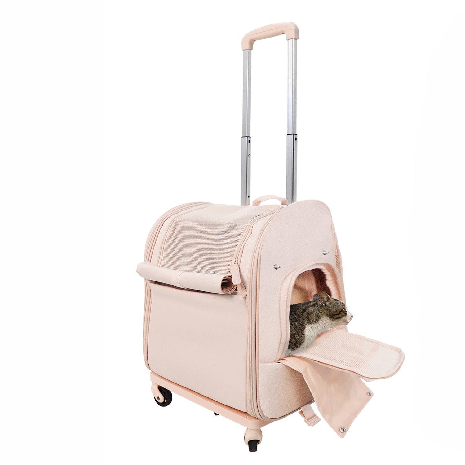 Pet Backpack with Wheels Dog Cat Travel Carrier Bag with Telescopic Handle, Pink - Luckyermore