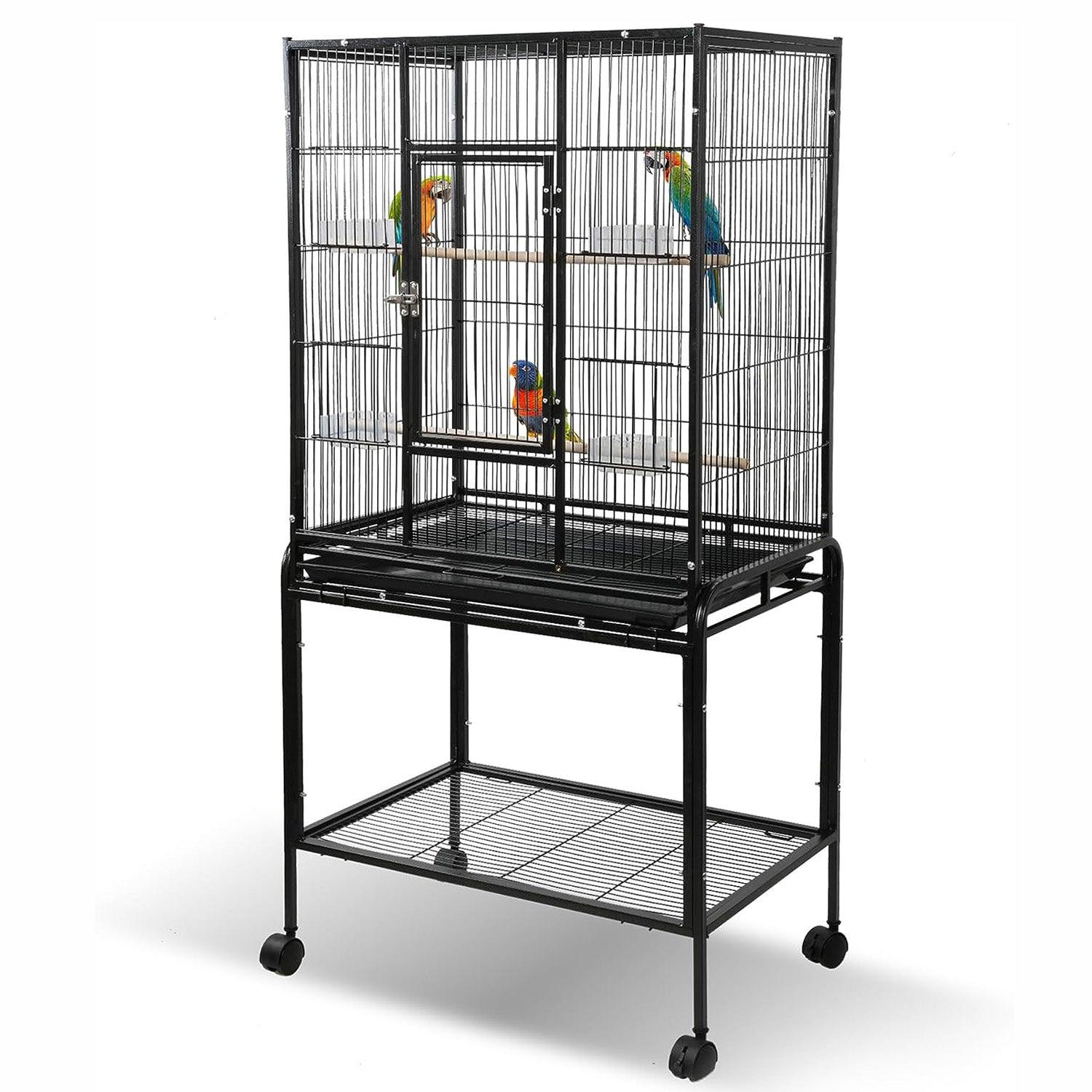 53" Big Rolling Bird Cage Parrot Flight Cage with Detachable Stand Storage Shelf and Wheels, Black - Luckyermore