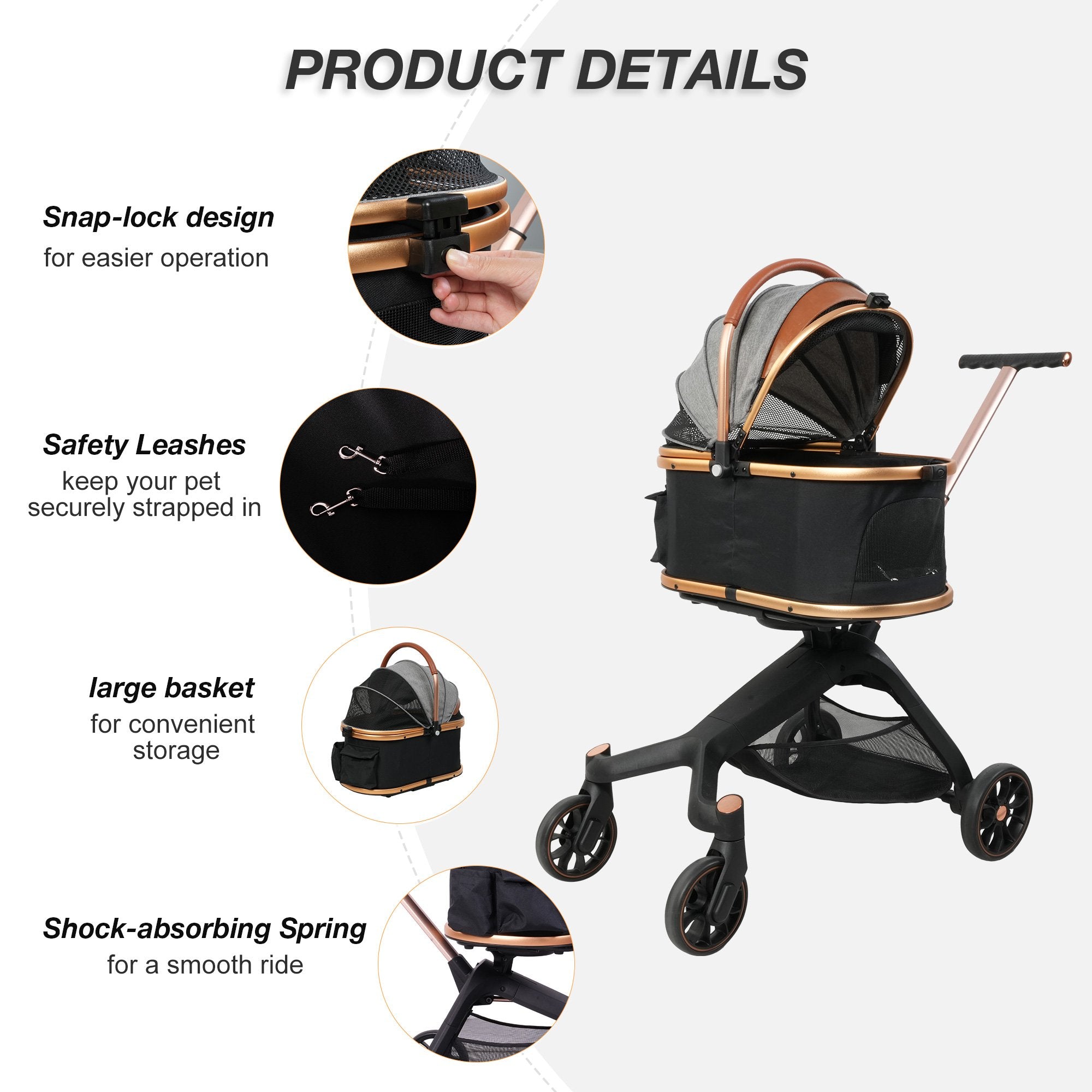 2 in 1 Dog Stroller Pet Carrier with Detachable Carrier and Adjustable Handle, Gold - Luckyermore