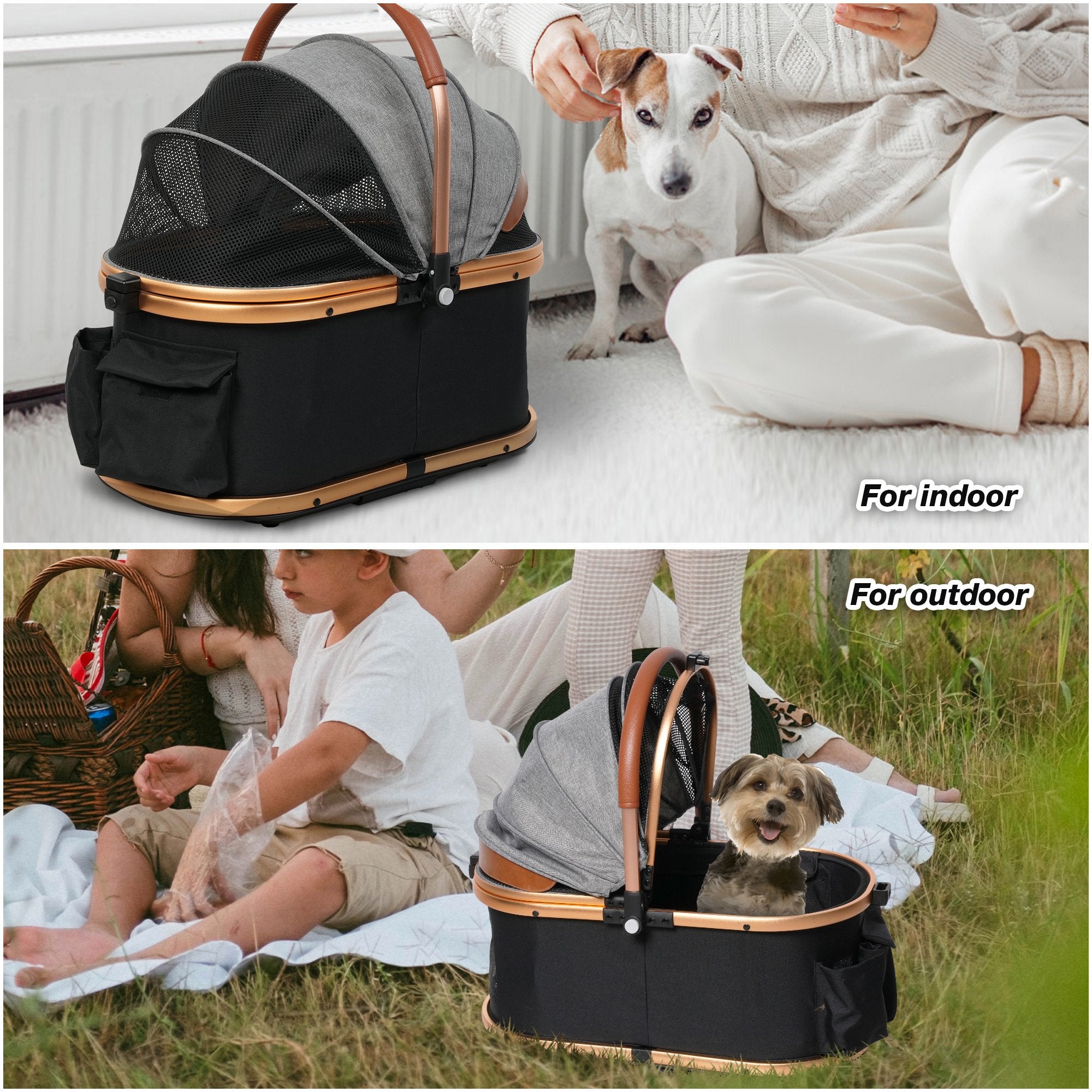 2 in 1 Dog Stroller Pet Carrier with Detachable Carrier and Adjustable Handle, Gold - Luckyermore