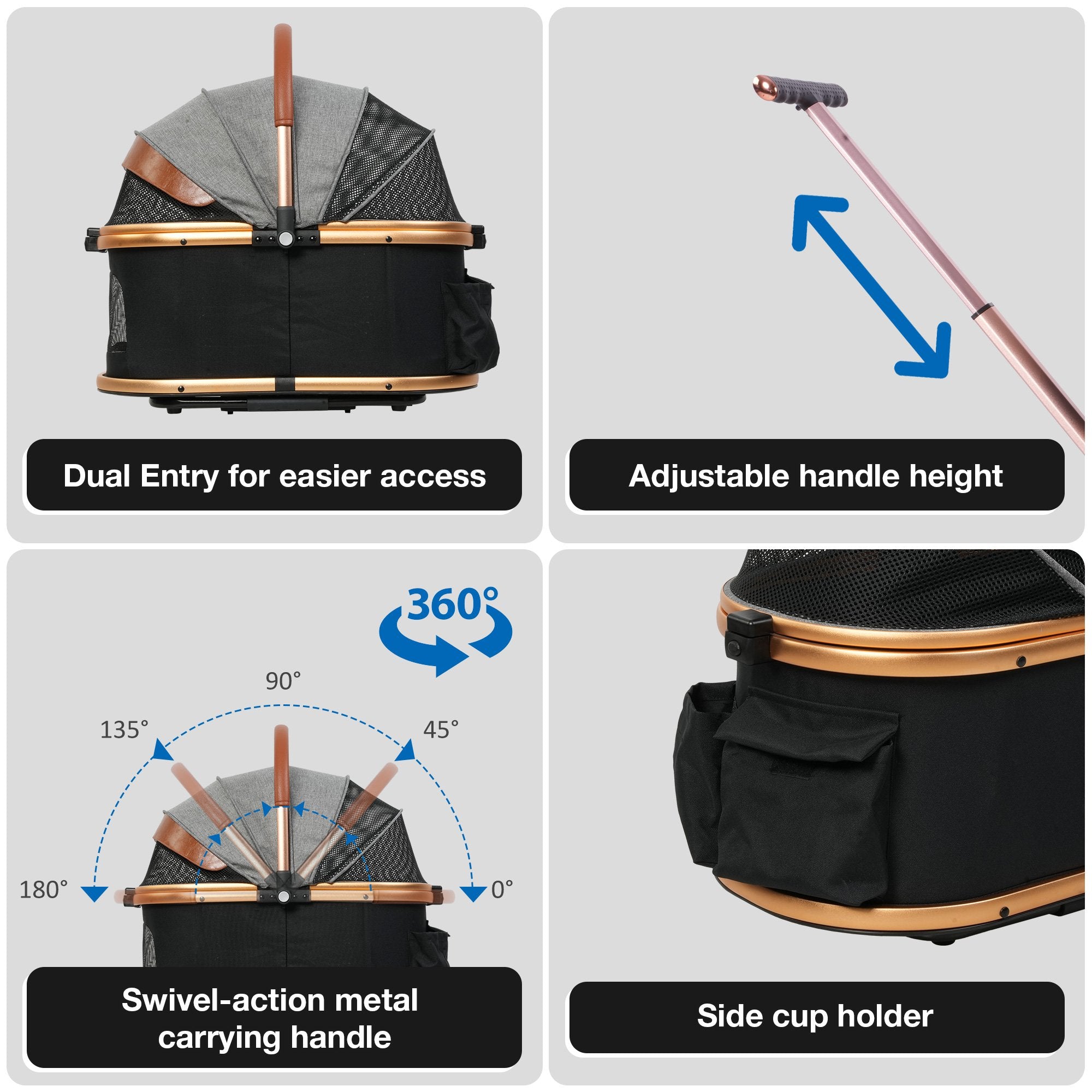 2 in 1 Dog Stroller Pet Carrier with Detachable Carrier and Adjustable Handle, Gold - Luckyermore