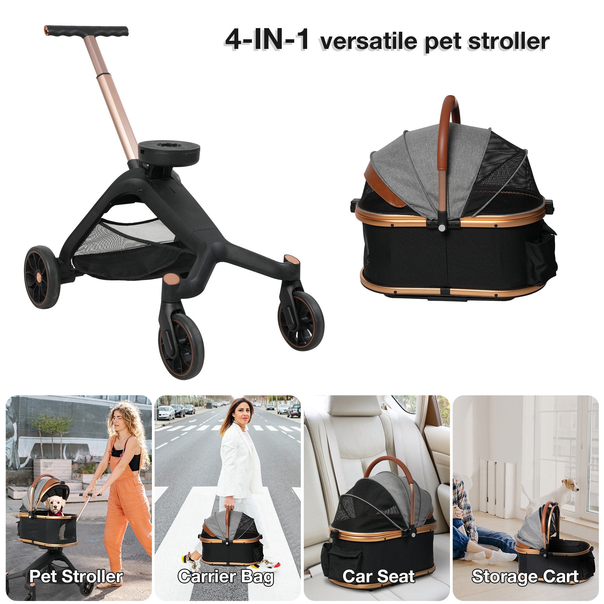 2 in 1 Dog Stroller Pet Carrier with Detachable Carrier and Adjustable Handle, Gold - Luckyermore