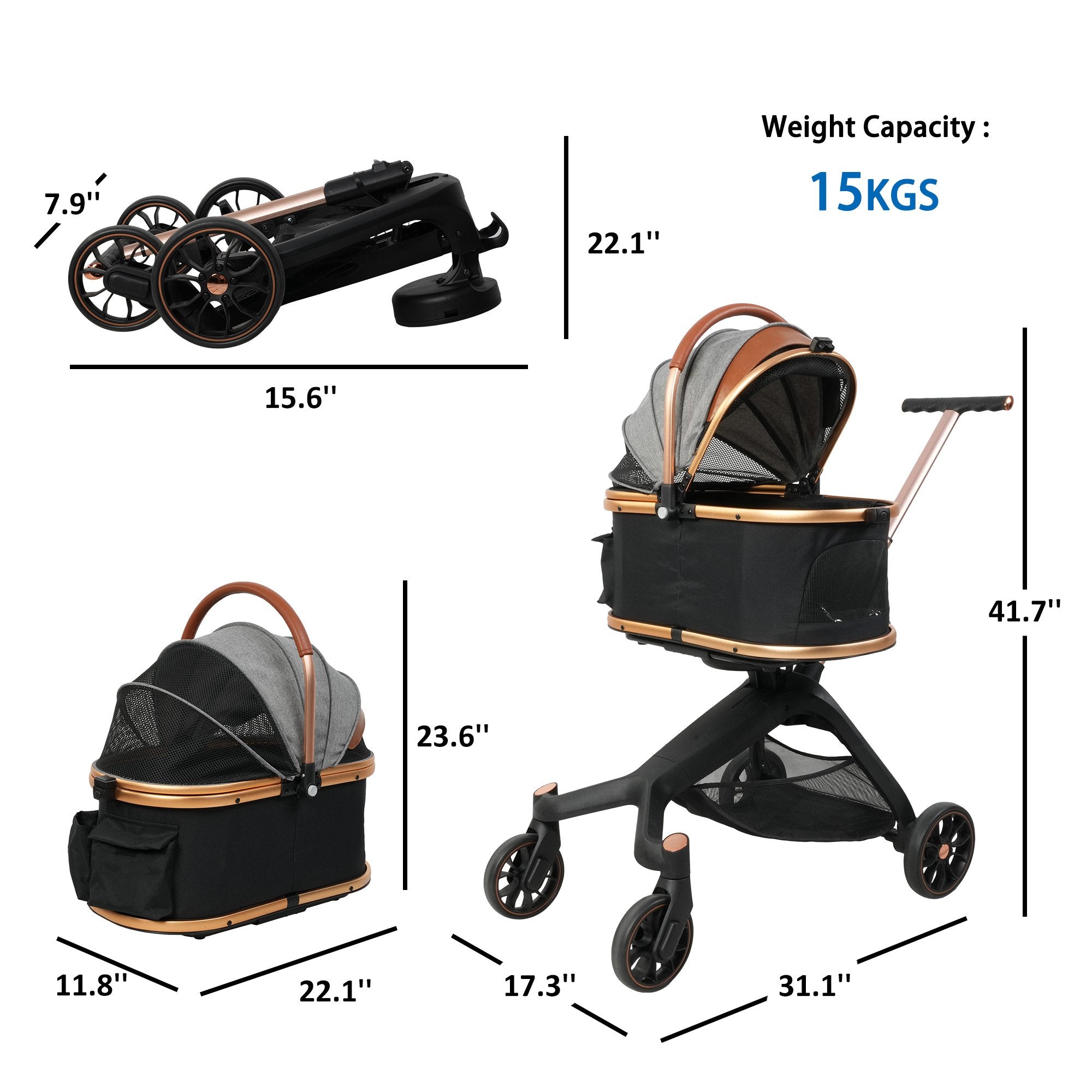 2 in 1 Dog Stroller Pet Carrier with Detachable Carrier and Adjustable Handle, Gold - Luckyermore