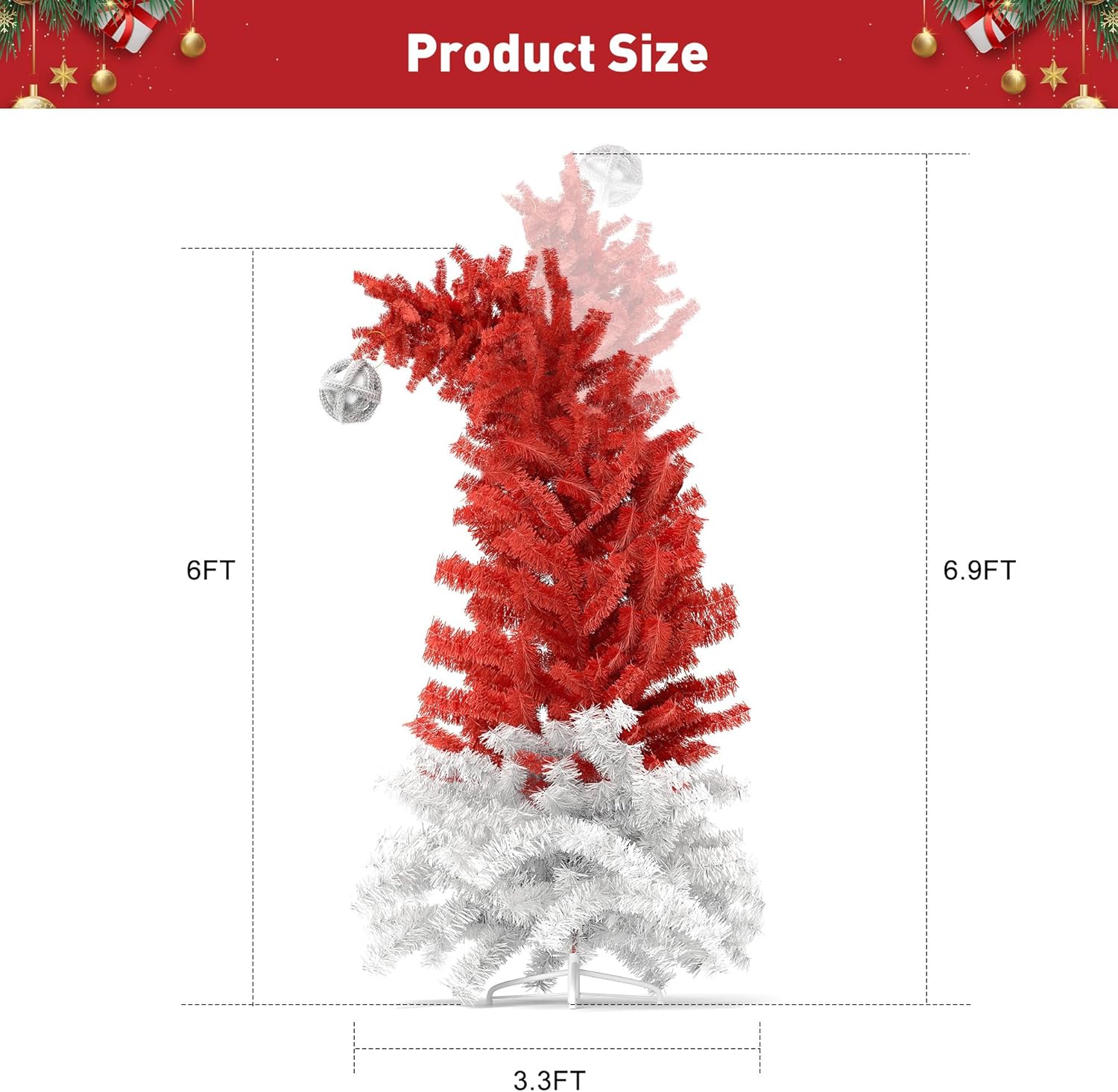 6ft Bendable Santa Hat Style Artificial Christmas Fir Tree Xmas Tree with Metal Stand, 1050 Lush Branch Tips, Red - Luckyermore