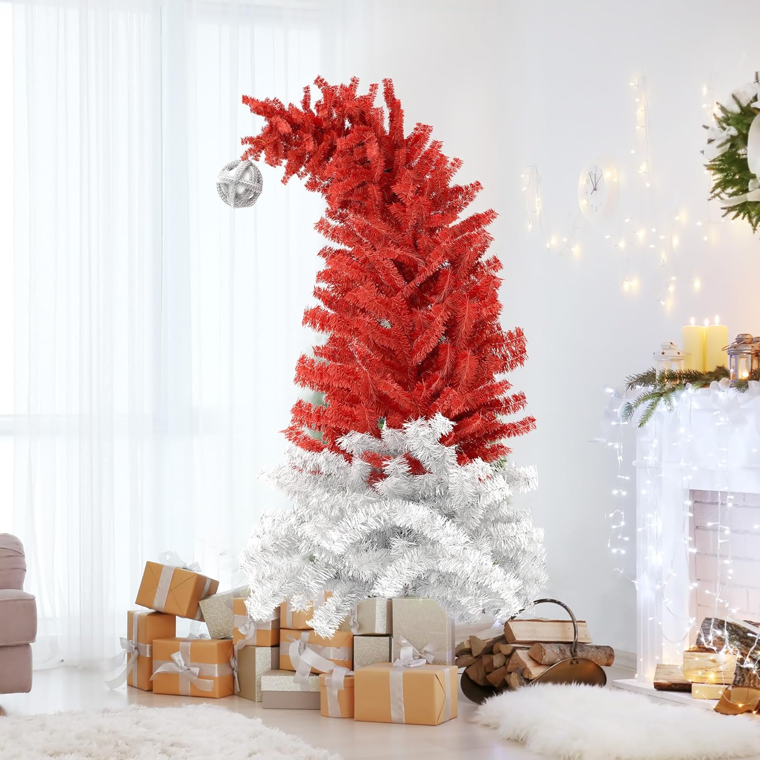 6ft Bendable Santa Hat Style Artificial Christmas Fir Tree Xmas Tree with Metal Stand, 1050 Lush Branch Tips, Red - Luckyermore