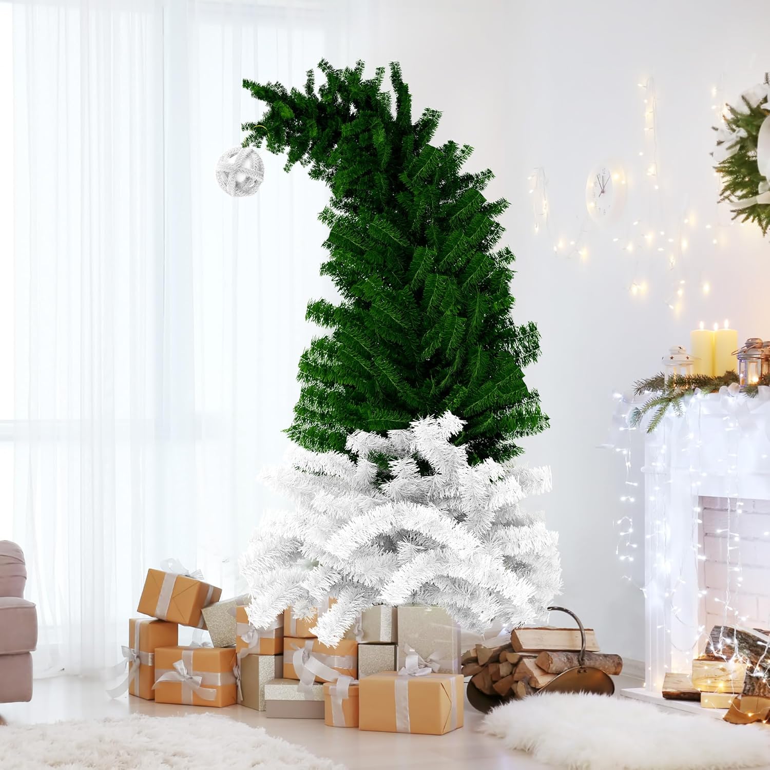 6ft Bendable Santa Hat Style Artificial Christmas Fir Tree Xmas Tree with Metal Stand, 1050 Lush Branch Tips - Luckyermore