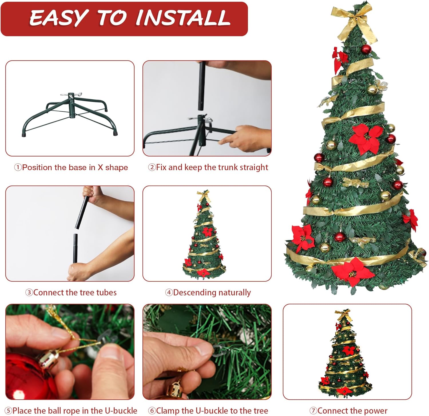 6ft Pre-Lit Artificial Pop Up Christmas Tree Pre-Decorated Collapsible Xmas Tree with 200 Warm Lights, Balls, Bows, Flowers - Luckyermore
