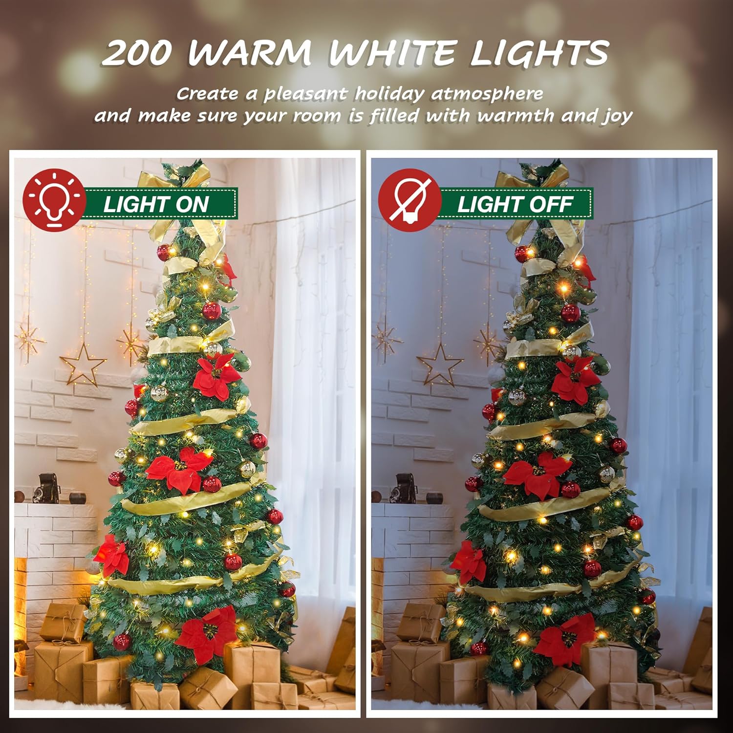 6ft Pre-Lit Artificial Pop Up Christmas Tree Pre-Decorated Collapsible Xmas Tree with 200 Warm Lights, Balls, Bows, Flowers - Luckyermore