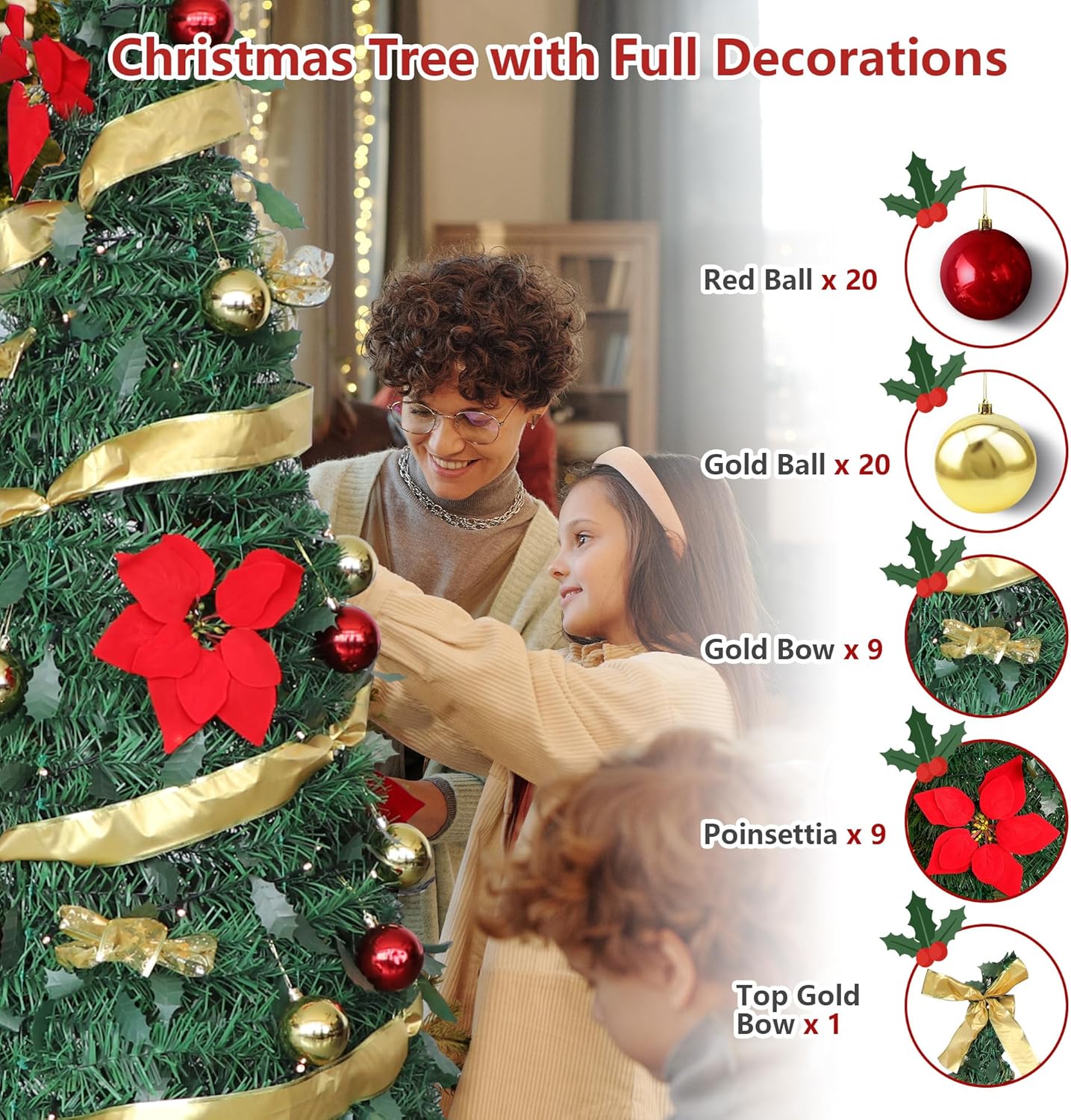 6ft Pre-Lit Artificial Pop Up Christmas Tree Pre-Decorated Collapsible Xmas Tree with 200 Warm Lights, Balls, Bows, Flowers - Luckyermore