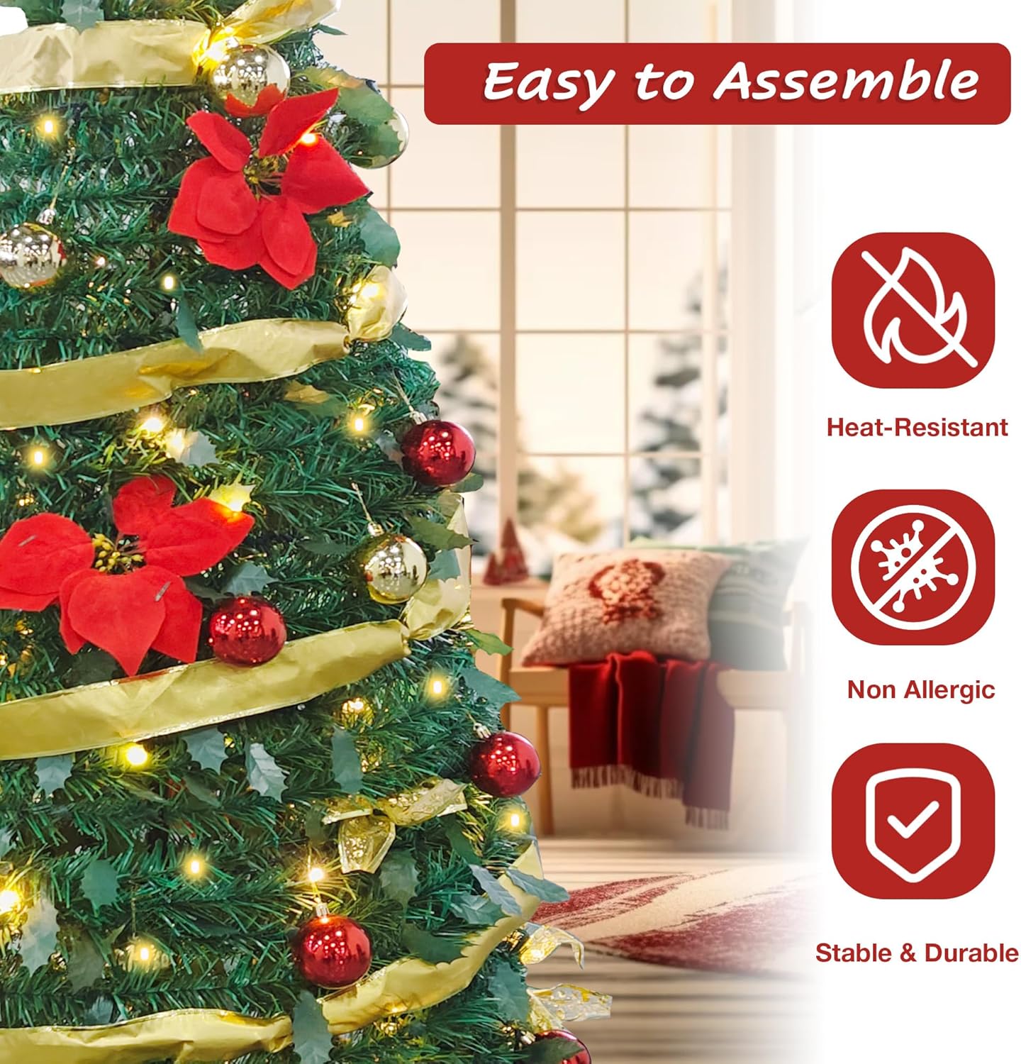 6ft Pre-Lit Artificial Pop Up Christmas Tree Pre-Decorated Collapsible Xmas Tree with 200 Warm Lights, Balls, Bows, Flowers - Luckyermore
