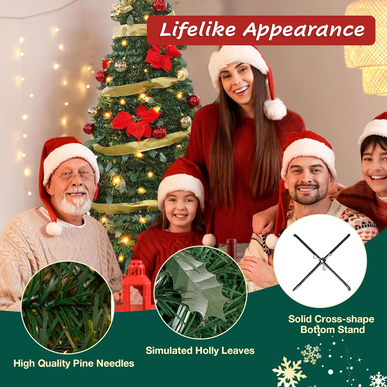 6ft Pre-Lit Artificial Pop Up Christmas Tree Pre-Decorated Collapsible Xmas Tree with 200 Warm Lights, Balls, Bows, Flowers - Luckyermore
