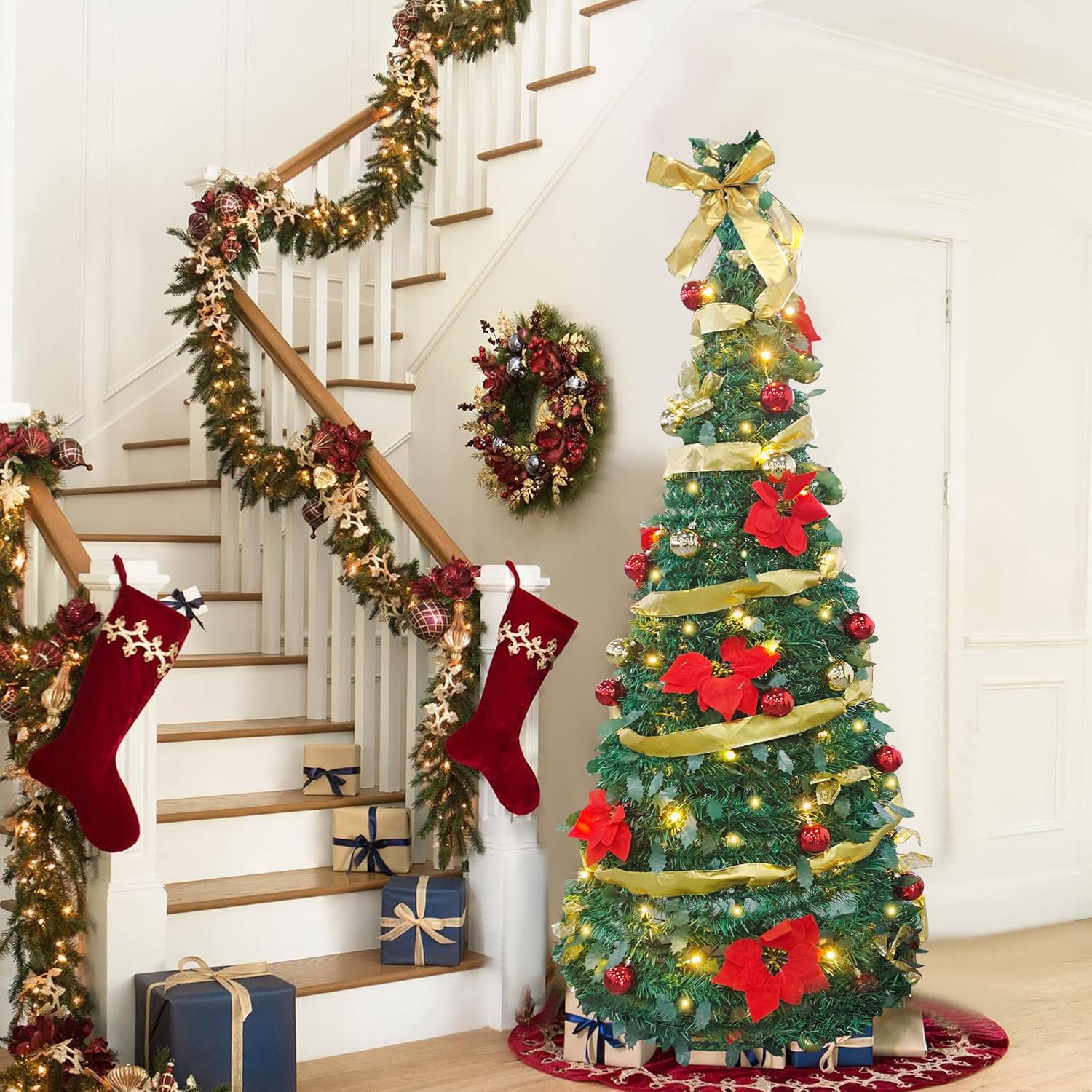 6ft Pre-Lit Artificial Pop Up Christmas Tree Pre-Decorated Collapsible Xmas Tree with 200 Warm Lights, Balls, Bows, Flowers - Luckyermore