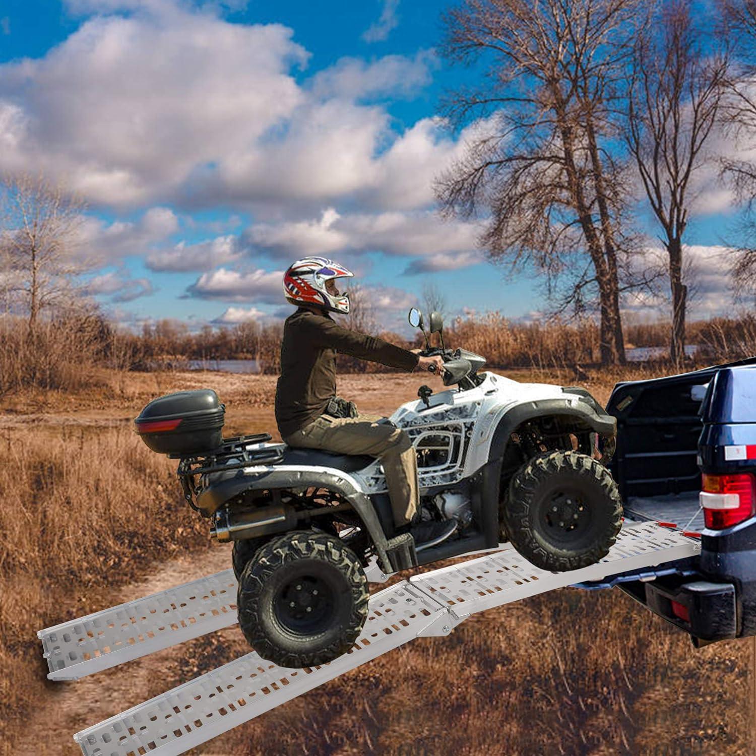 LUCKYERMORE Set of 2 Folding Loading Ramp 7.4ft with 1500lbs Capacity Aluminum Truck Ramp, Meshed
