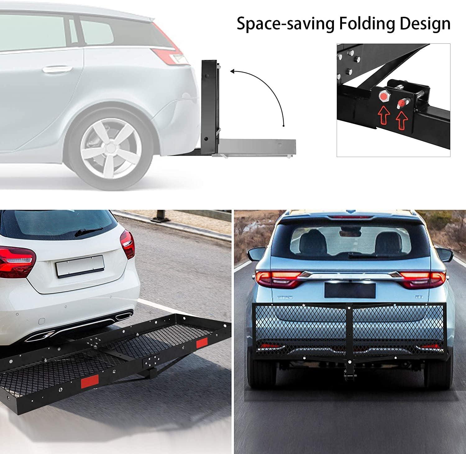 LUCKYERMORE 60"x 20"x 4" Hitch Mount Steel Cargo Carrier Basket Folding Cargo Rack with 2" Receiver, Black