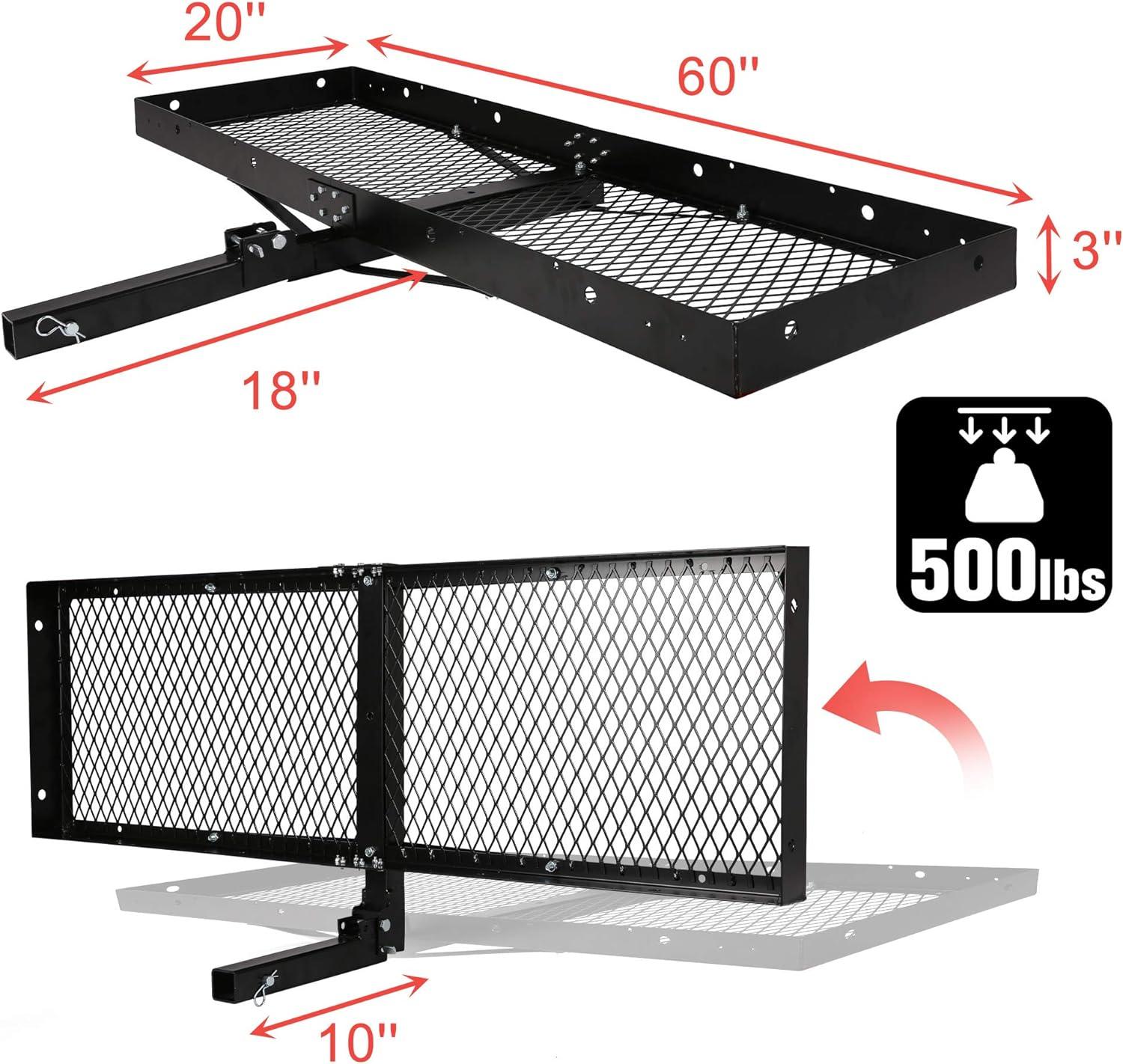 LUCKYERMORE 60"x 20"x 4" Hitch Mount Steel Cargo Carrier Basket Folding Cargo Rack with 2" Receiver, Black