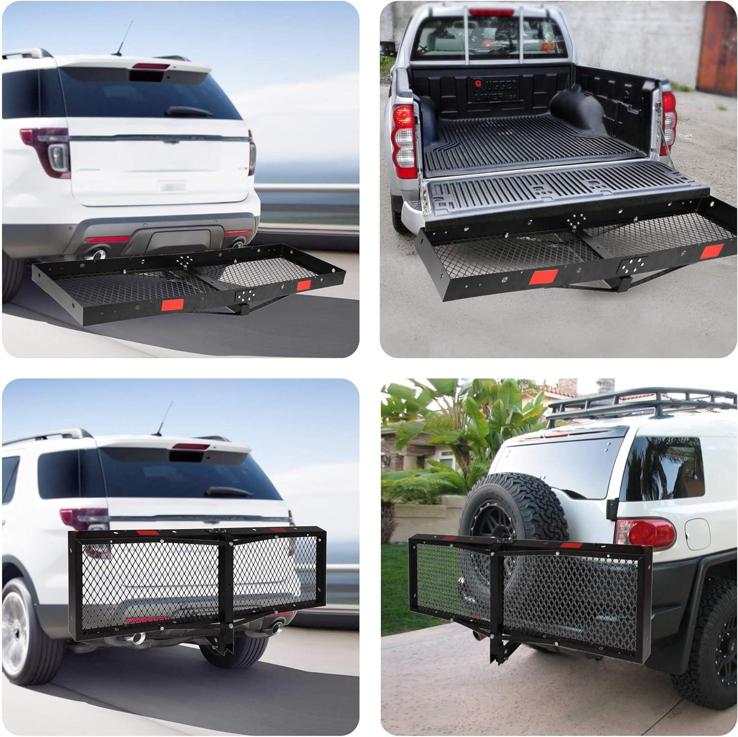 LUCKYERMORE 60"x 20"x 4" Hitch Mount Steel Cargo Carrier Basket Folding Cargo Rack with 2" Receiver, Black