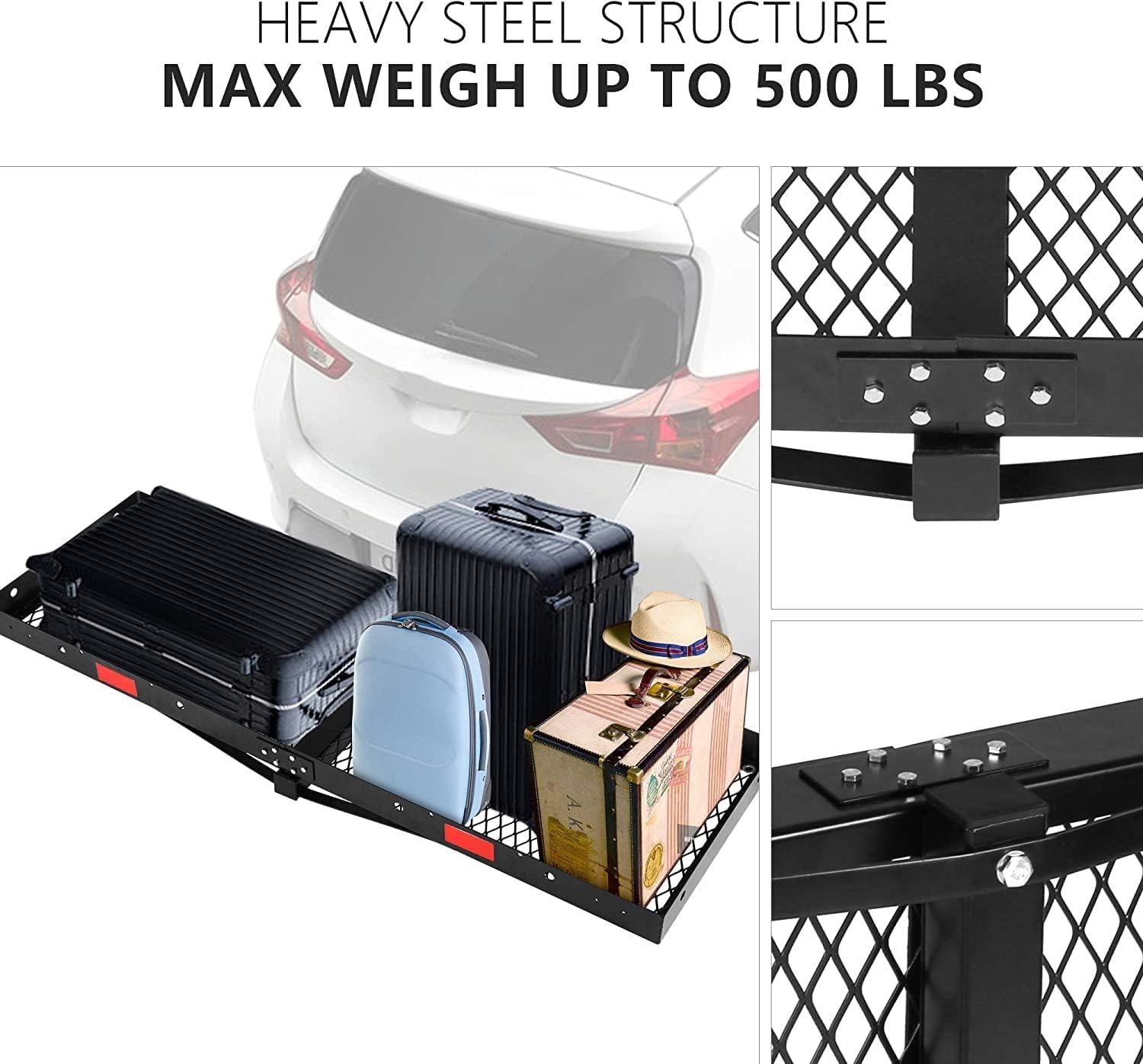 LUCKYERMORE 60"x 20"x 4" Hitch Mount Steel Cargo Carrier Basket Folding Cargo Rack with 2" Receiver, Black