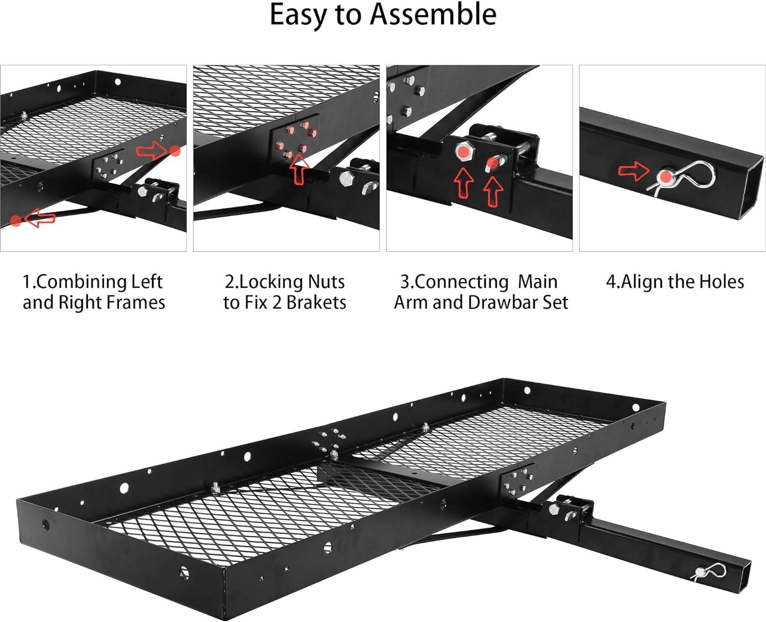 LUCKYERMORE 60"x 20"x 4" Hitch Mount Steel Cargo Carrier Basket Folding Cargo Rack with 2" Receiver, Black
