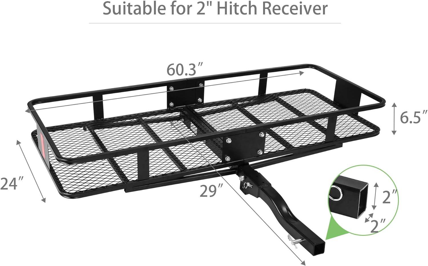 LUCKYERMORE 60"x 24"x 6.5" Hitch Mount Steel Cargo Carrier Basket Folding Cargo Rack with 2" Receiver, Black