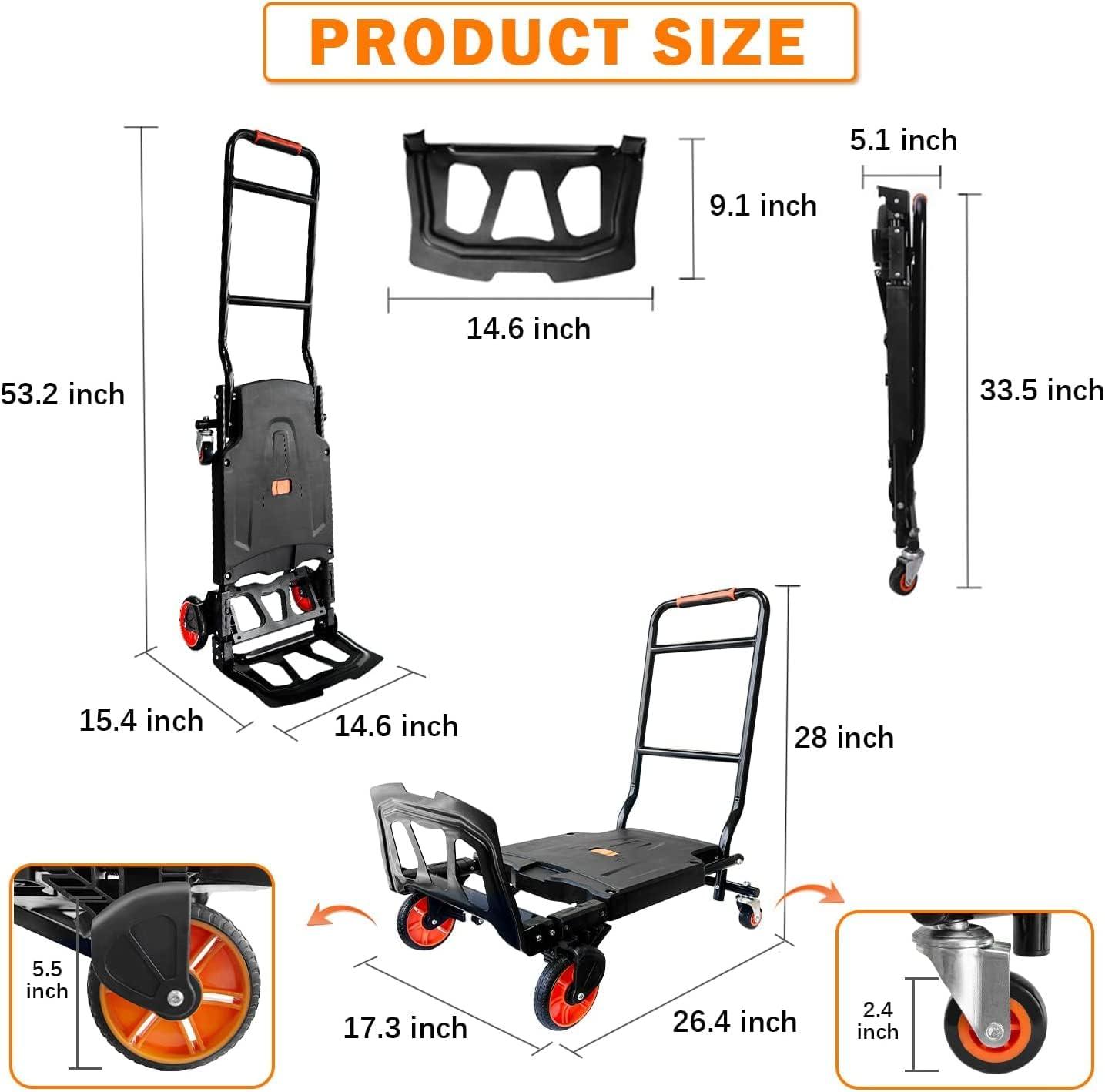 2 in 1 One-Button Folding Hand Truck Folding Portable Flatbed Dolly Cart with Secure Cord, 330lbs Capacity - Luckyermore