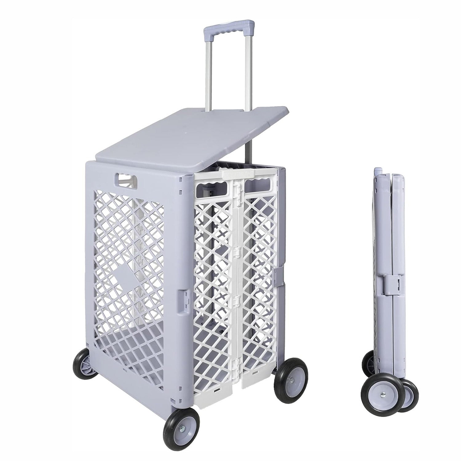 55L Folding Utility Shopping Cart with Lid Wheels Telescopic Handle Collapsible Rolling Crate, Gray