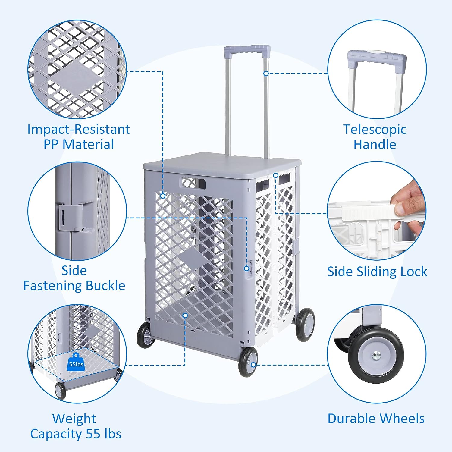 55L Folding Utility Shopping Cart with Lid Wheels Telescopic Handle Collapsible Rolling Crate, Gray