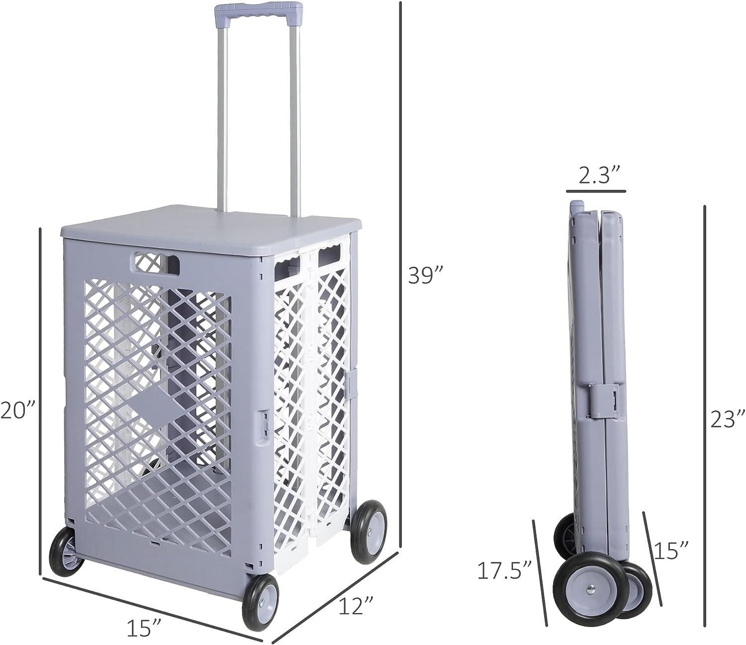 LUCKYERMORE 55L Folding Utility Shopping Cart with Lid Wheels Telescopic Handle Collapsible Rolling Crate, Gray