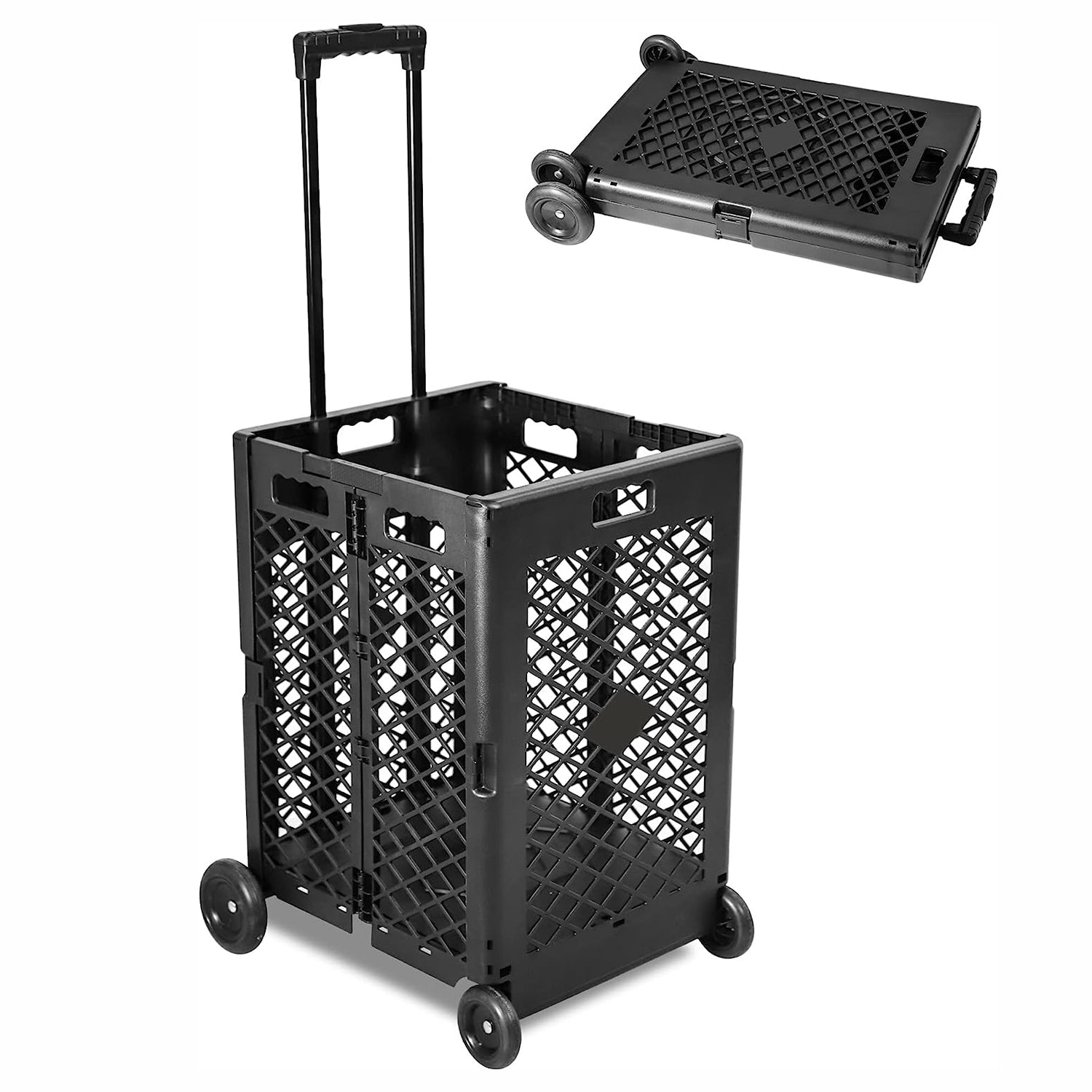 Luckyermore Foldable Rolling Crate with Wheels Collapsible Basket with Telescopic Handle, 66 lbs Capacity for Shopping, Travel, Laundry, Black