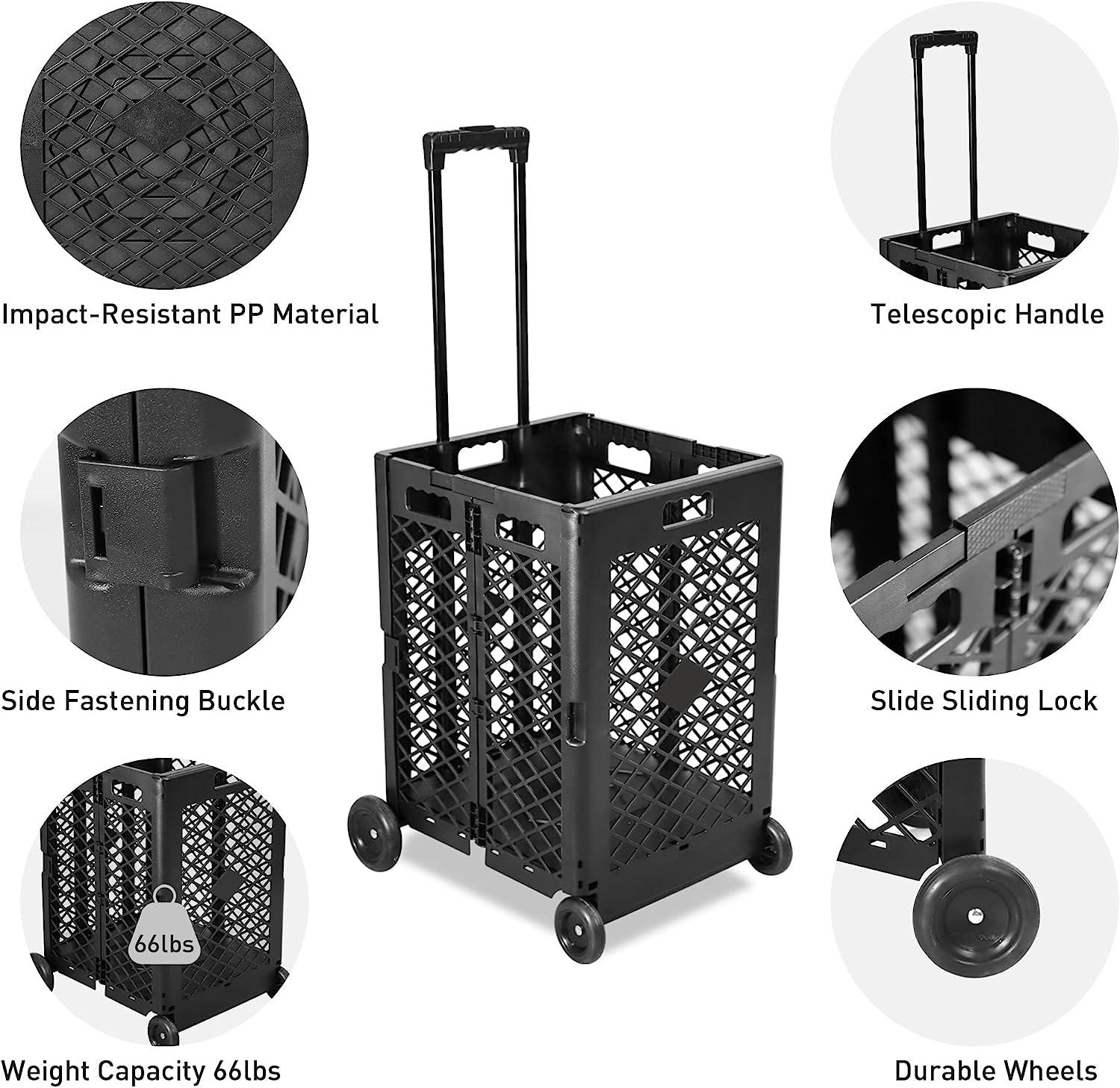 Luckyermore 66lbs Capacity Foldable Rolling Crate with Wheels Collapsible Basket with Telescopic Handle, Black