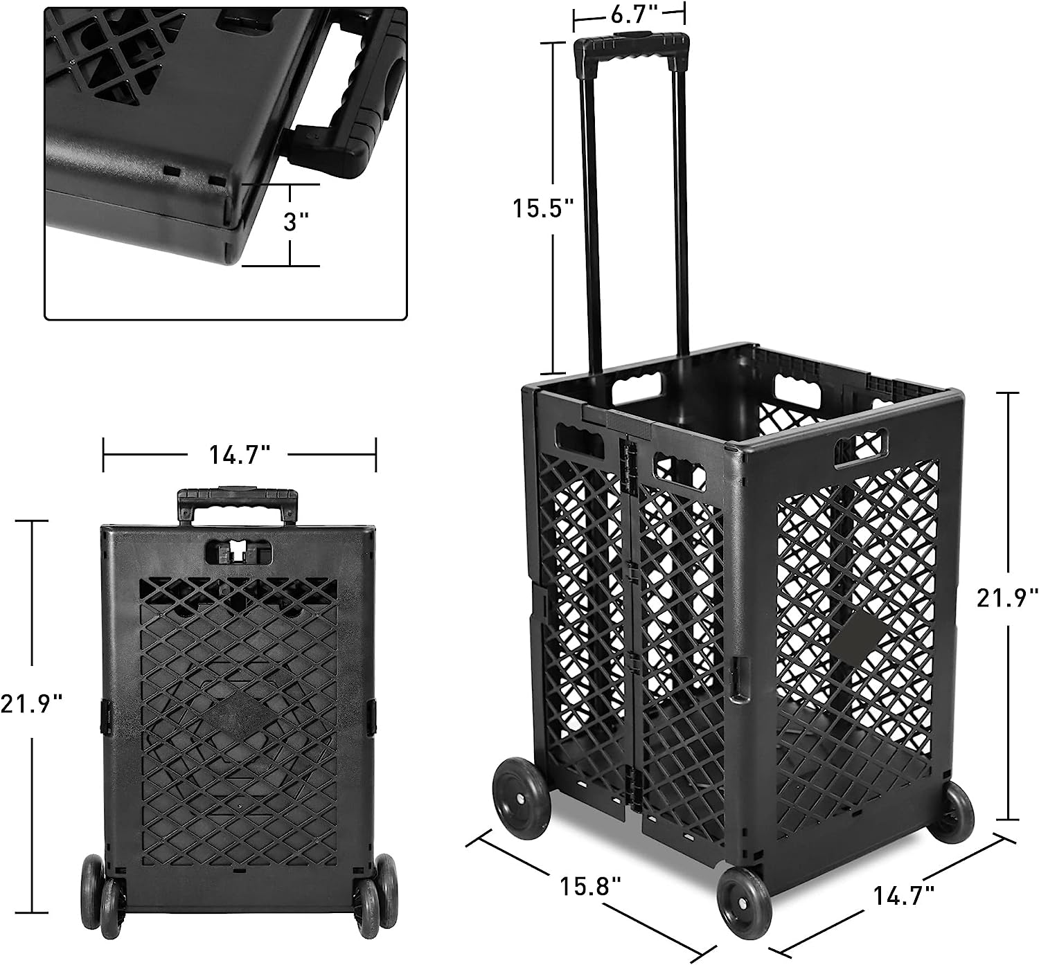 Luckyermore 66lbs Capacity Foldable Rolling Crate with Wheels Collapsible Basket with Telescopic Handle, Black
