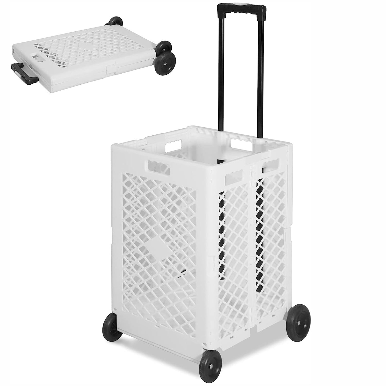 70L Folding Utility Shopping Cart with Wheels Telescopic Handle Collapsible Rolling Crate, White