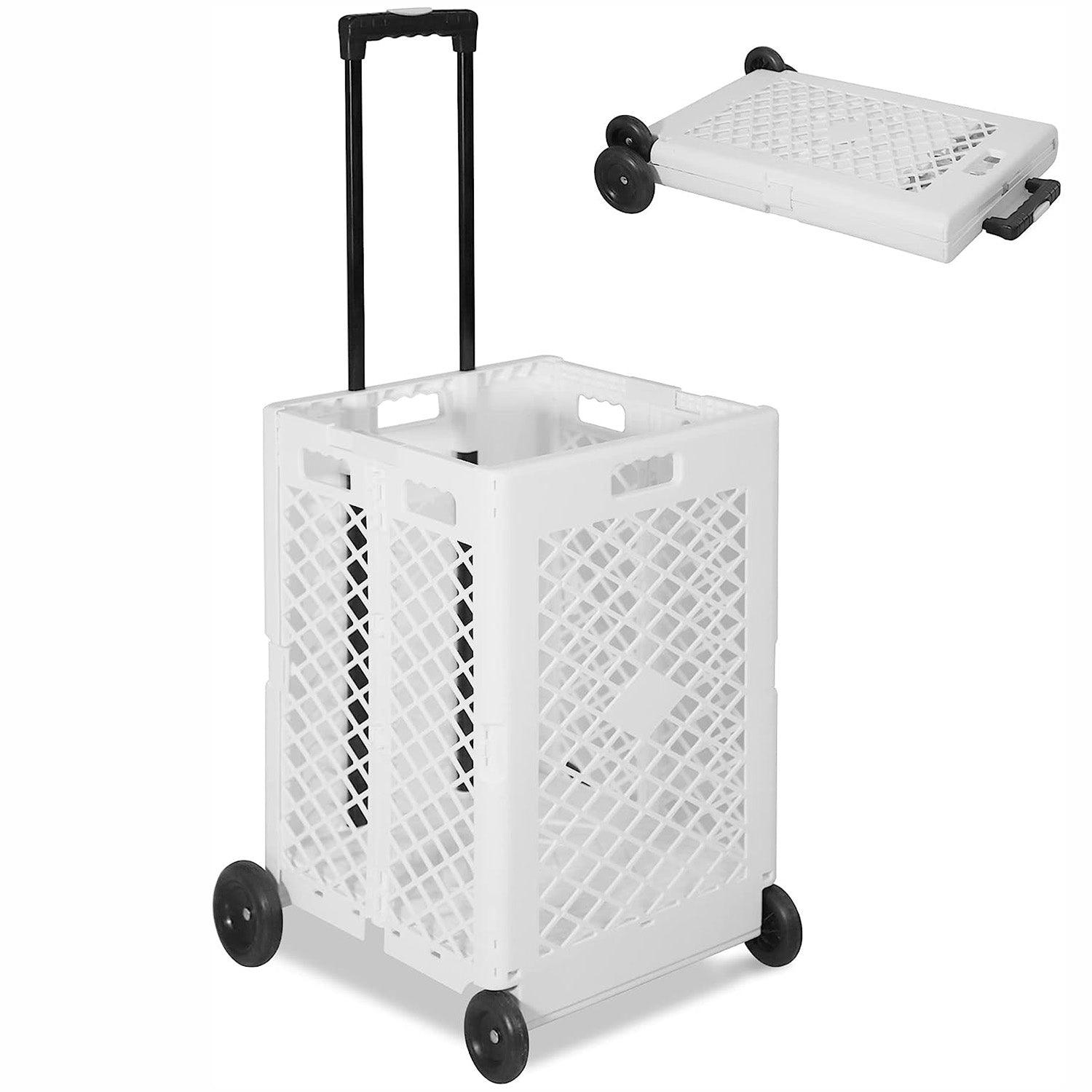 LUCKYERMORE 66lbs Capacity Foldable Rolling Crate with Wheels Collapsible Basket Telescopic Handle, White