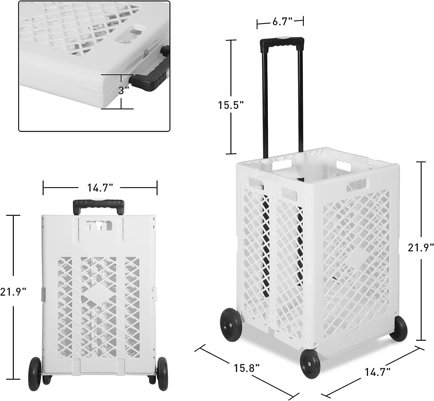 LUCKYERMORE 66lbs Capacity Foldable Rolling Crate with Wheels Collapsible Basket Telescopic Handle, White