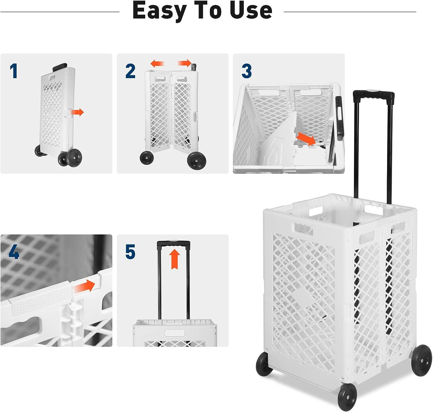LUCKYERMORE 66lbs Capacity Foldable Rolling Crate with Wheels Collapsible Basket Telescopic Handle, White