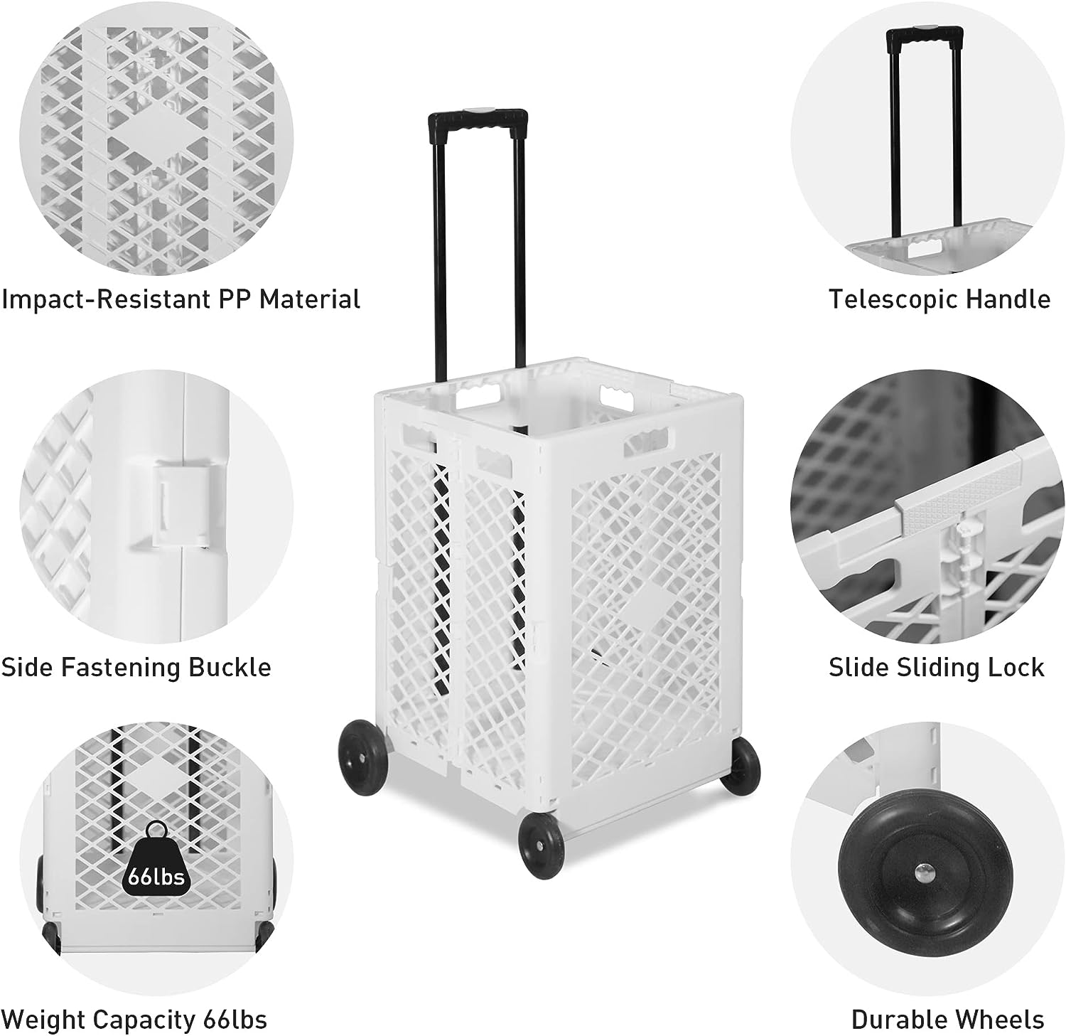 LUCKYERMORE 66lbs Capacity Foldable Rolling Crate with Wheels Collapsible Basket Telescopic Handle, White